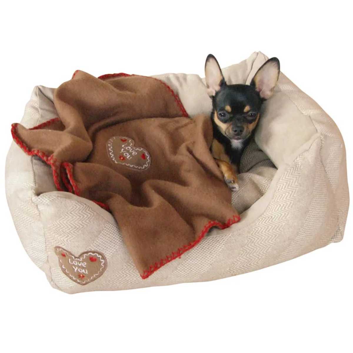 Un cagnolino in una cuccia con una coperta con scritto 'Love You'.