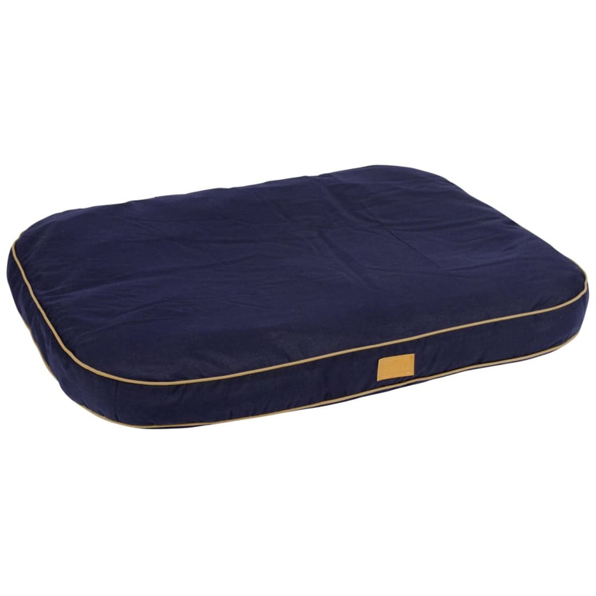 Lettino rettangolare blu per animali domestici con finiture dorate su sfondo bianco. Superficie piana e bordo rialzato.