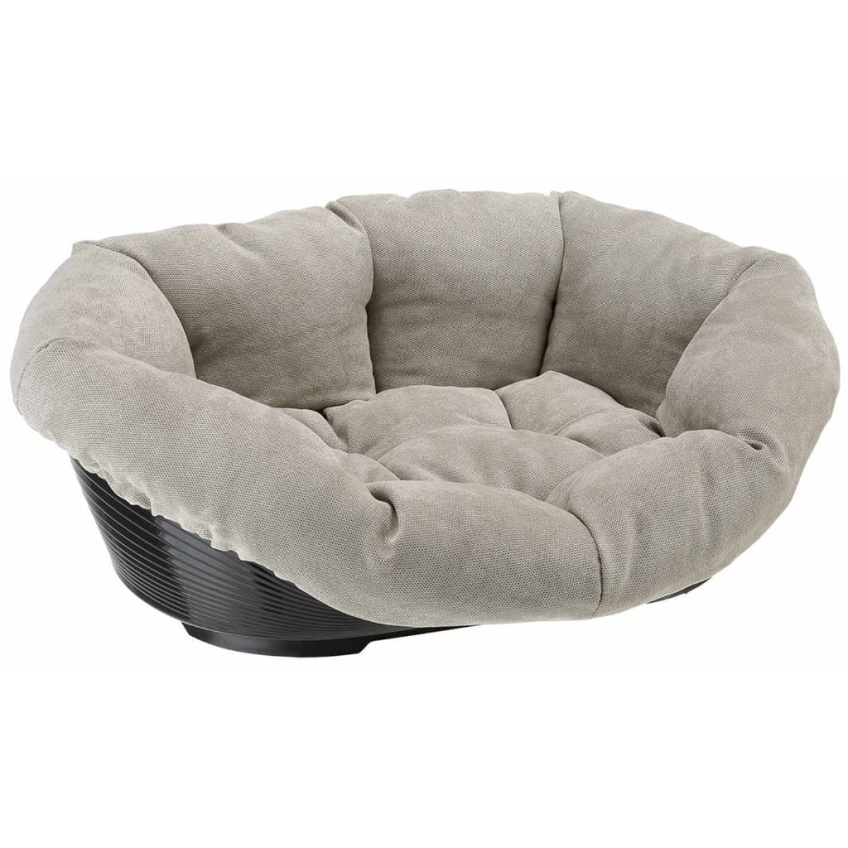 Ein graues Hundebett mit schwarzem Außen.