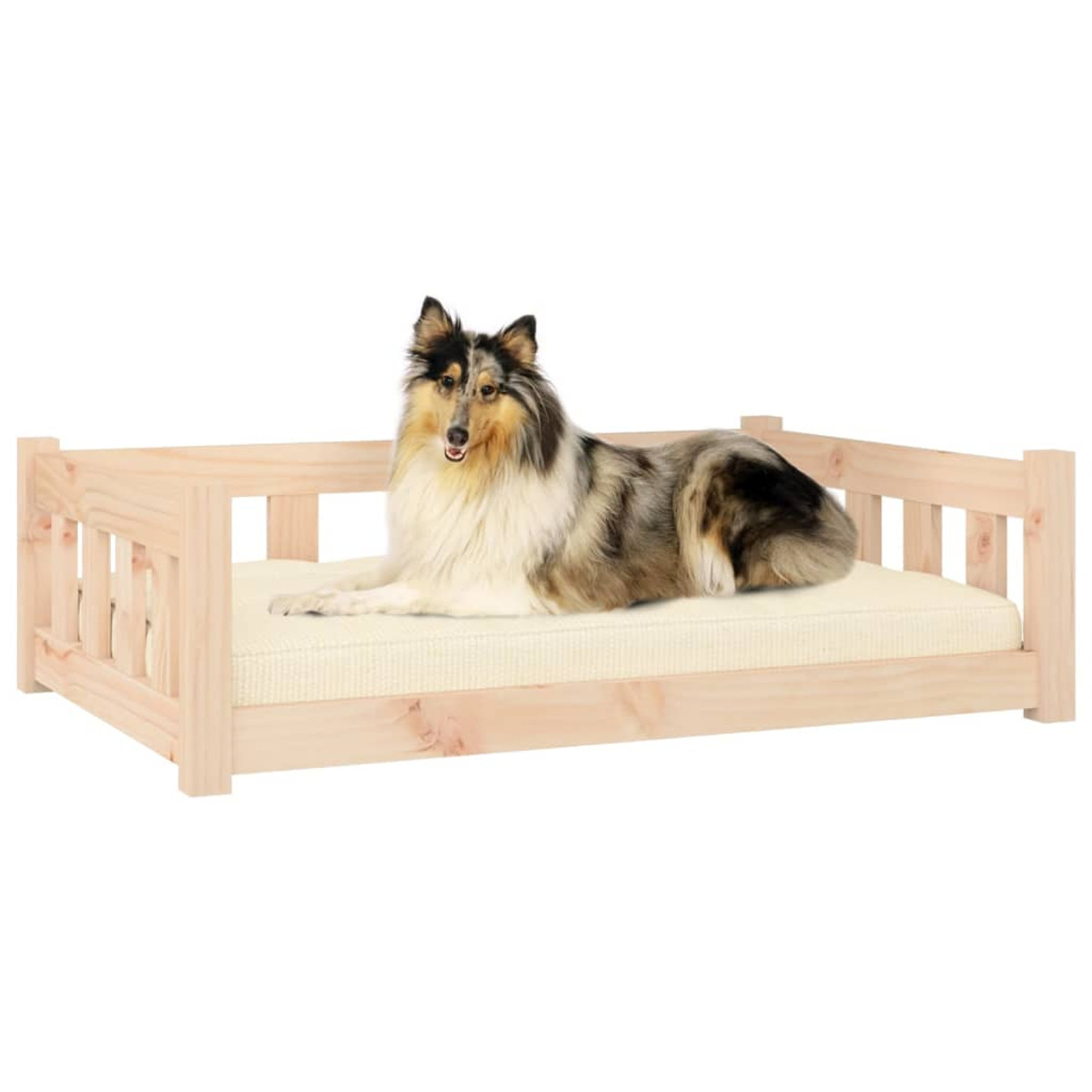 Hund auf einem Hundebett aus Holz. Der Hund ist braun und weiß.