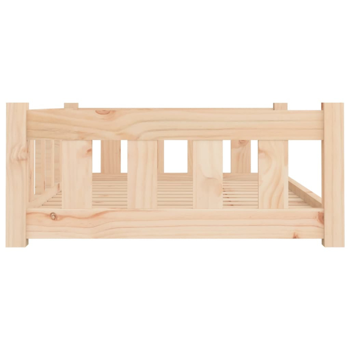 Hundebettrahmen aus hellem Holz, Seitenansicht, mit Lattenrost.