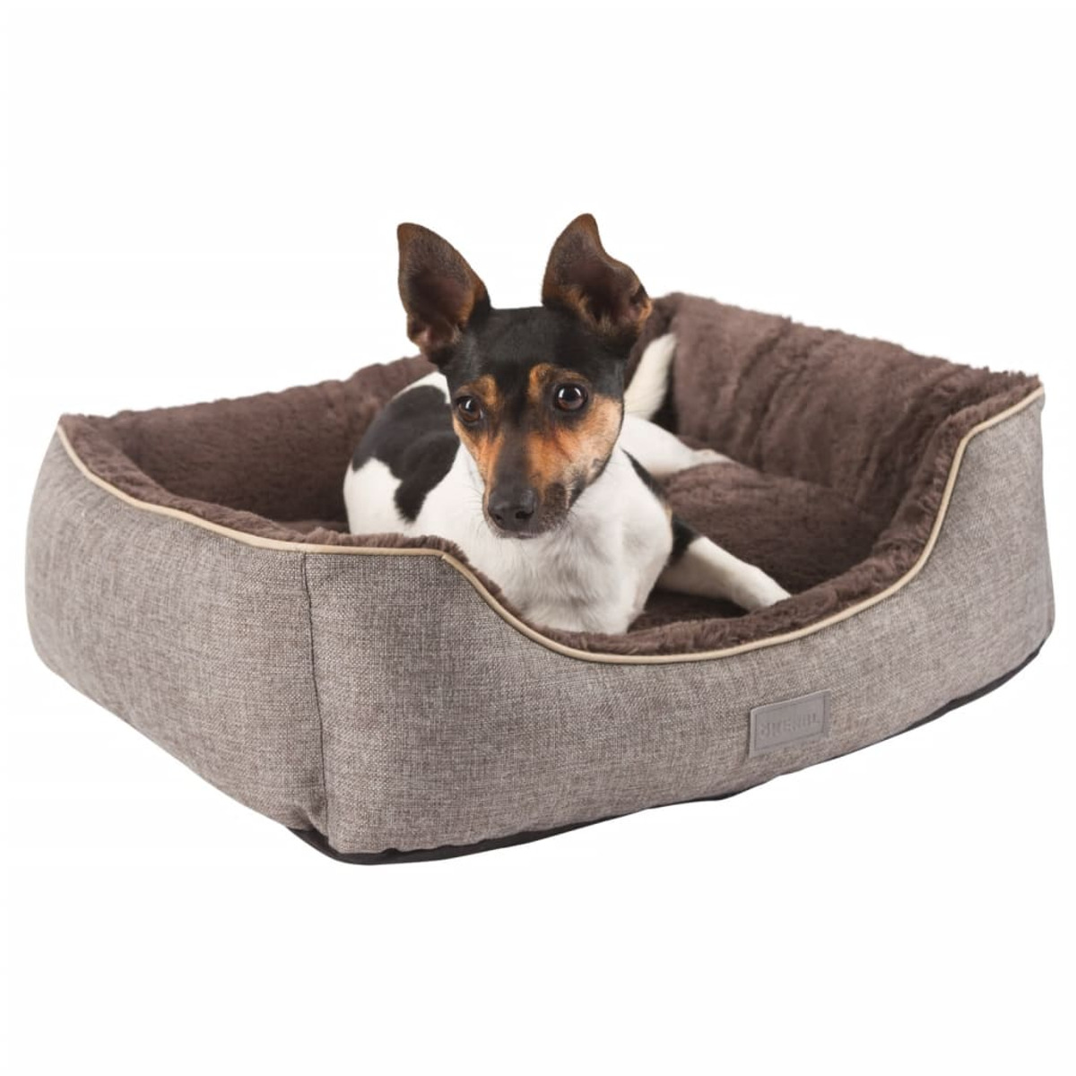 Cama para perros con un perro. El perro es tricolor, tumbado en una cama suave. Colores marrón y gris.