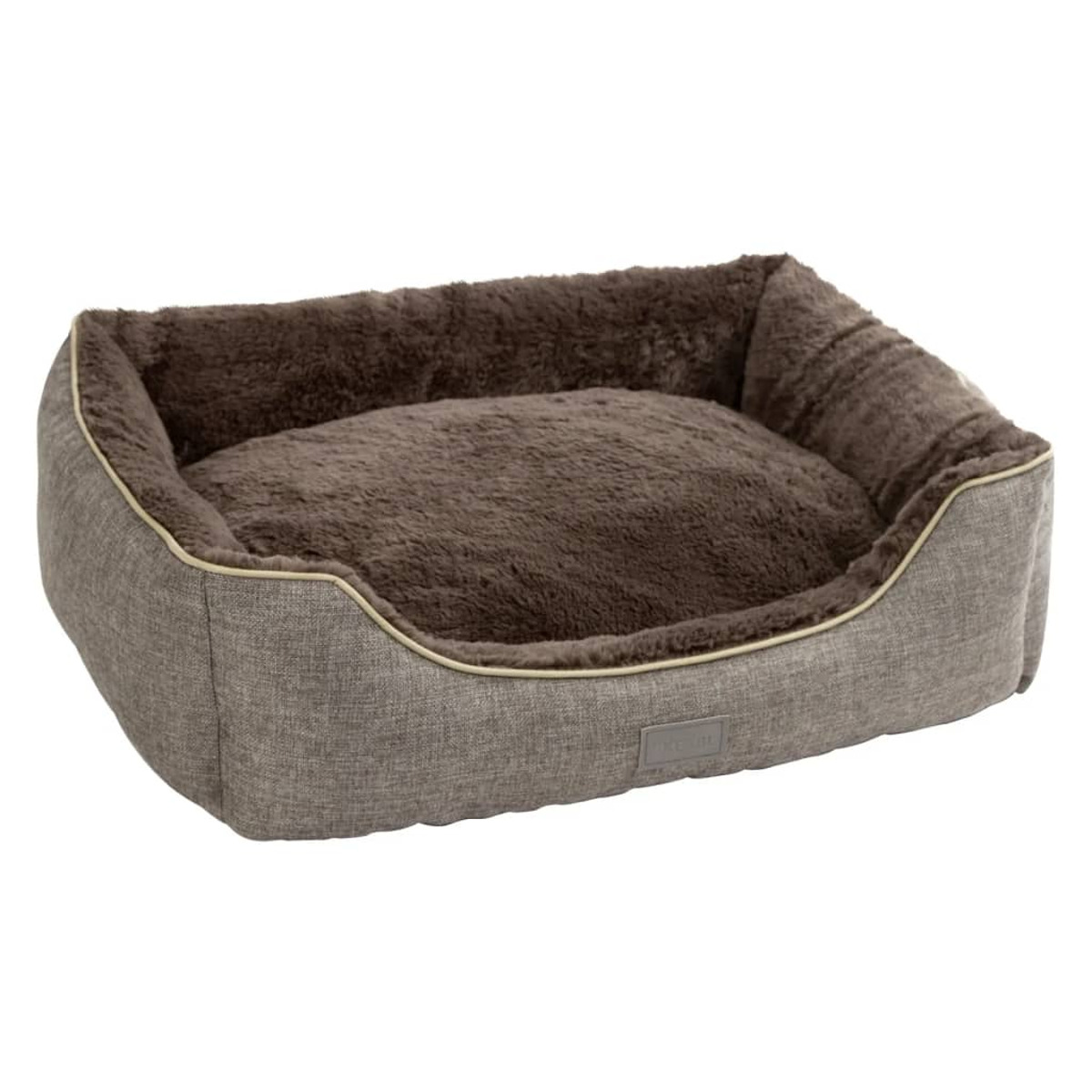 Cama rectangular para perros marrón con interior suave y esponjoso marrón y exterior gris.