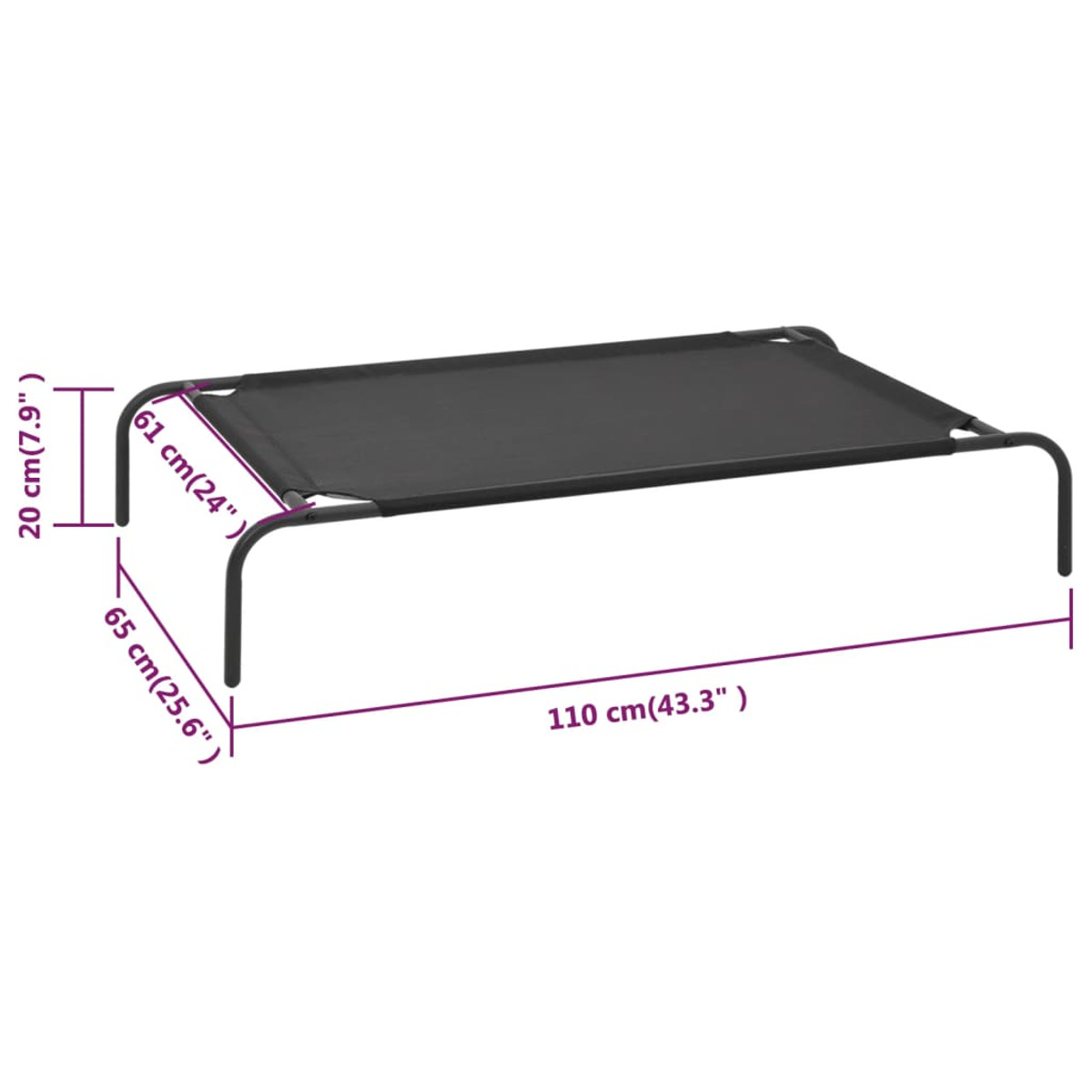 Ein schwarzes Hundebett mit den Maßen: 110 cm lang, 61 cm breit und 20 cm hoch.