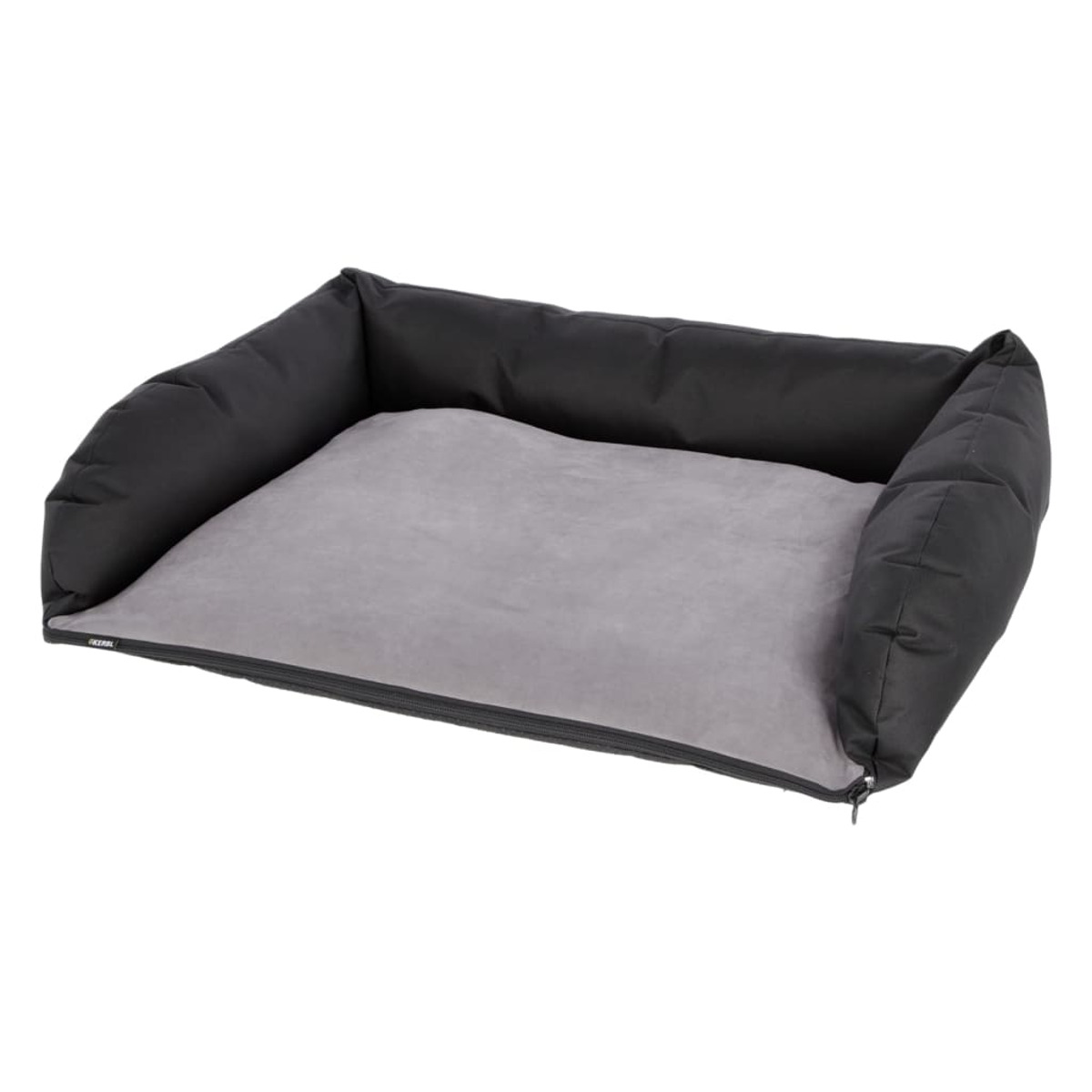 Un letto per cani nero con lati rialzati e un cuscino grigio, visto da un angolo.