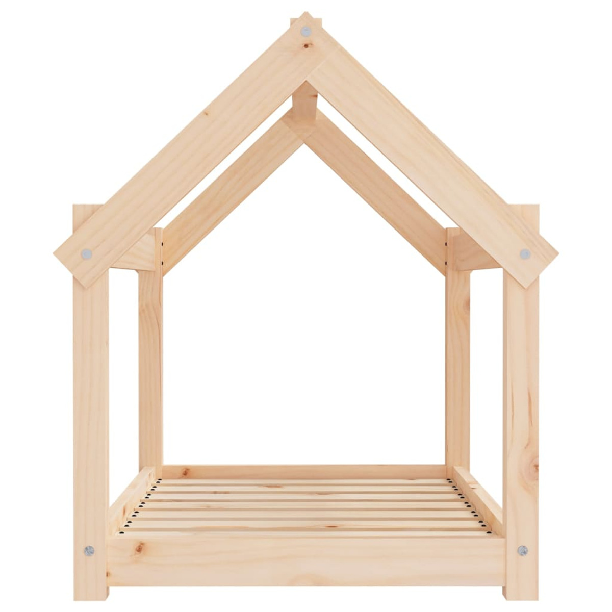 Ein holzfarbener, hausförmiger Bettrahmen. Verfügt über ein Dach und einen Rahmen, für Kinder entworfen.