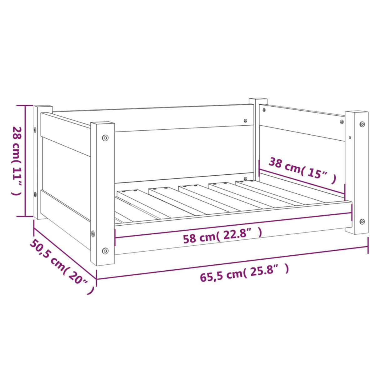Ein Hundebett aus Holz mit Maßangaben. Das Bett ist rechteckig.