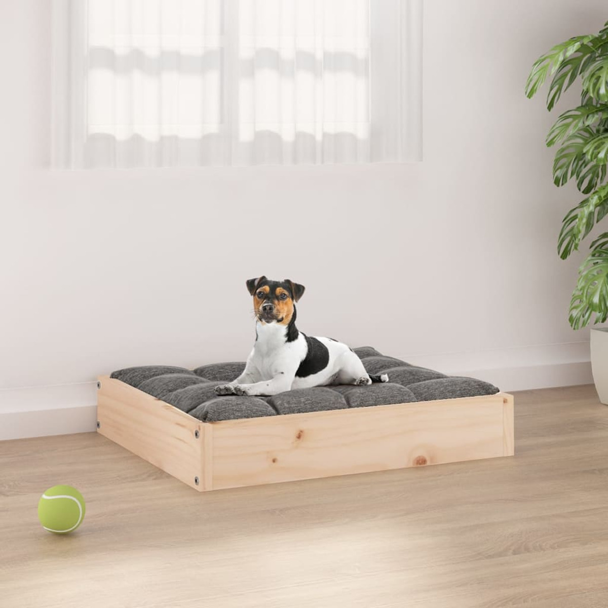 Hundebett in einem Raum. Ein Hund liegt auf einem grauen Kissen in einem Holzrahmen.