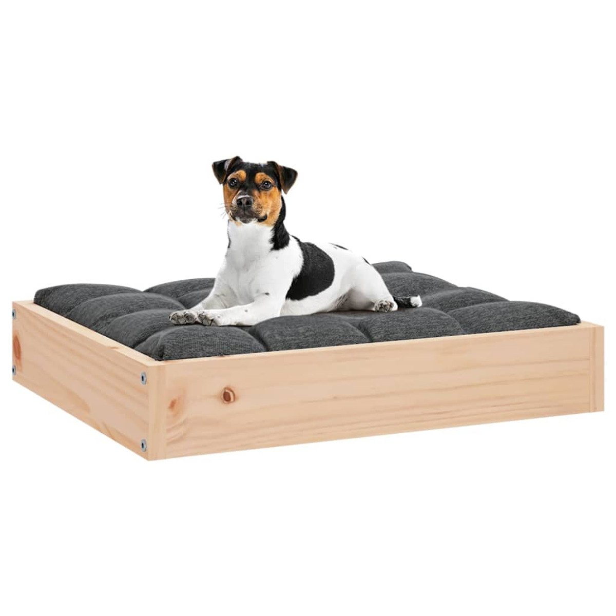 Hundebett aus Holz mit grauem Kissen, ein Jack Russell Terrier liegt darauf.