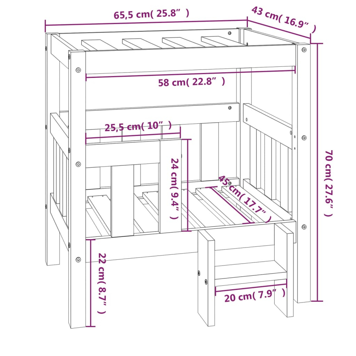 Diagramm eines Holzspielhauses mit Maßangaben in cm und Zoll. Es ist auf weißem Hintergrund.