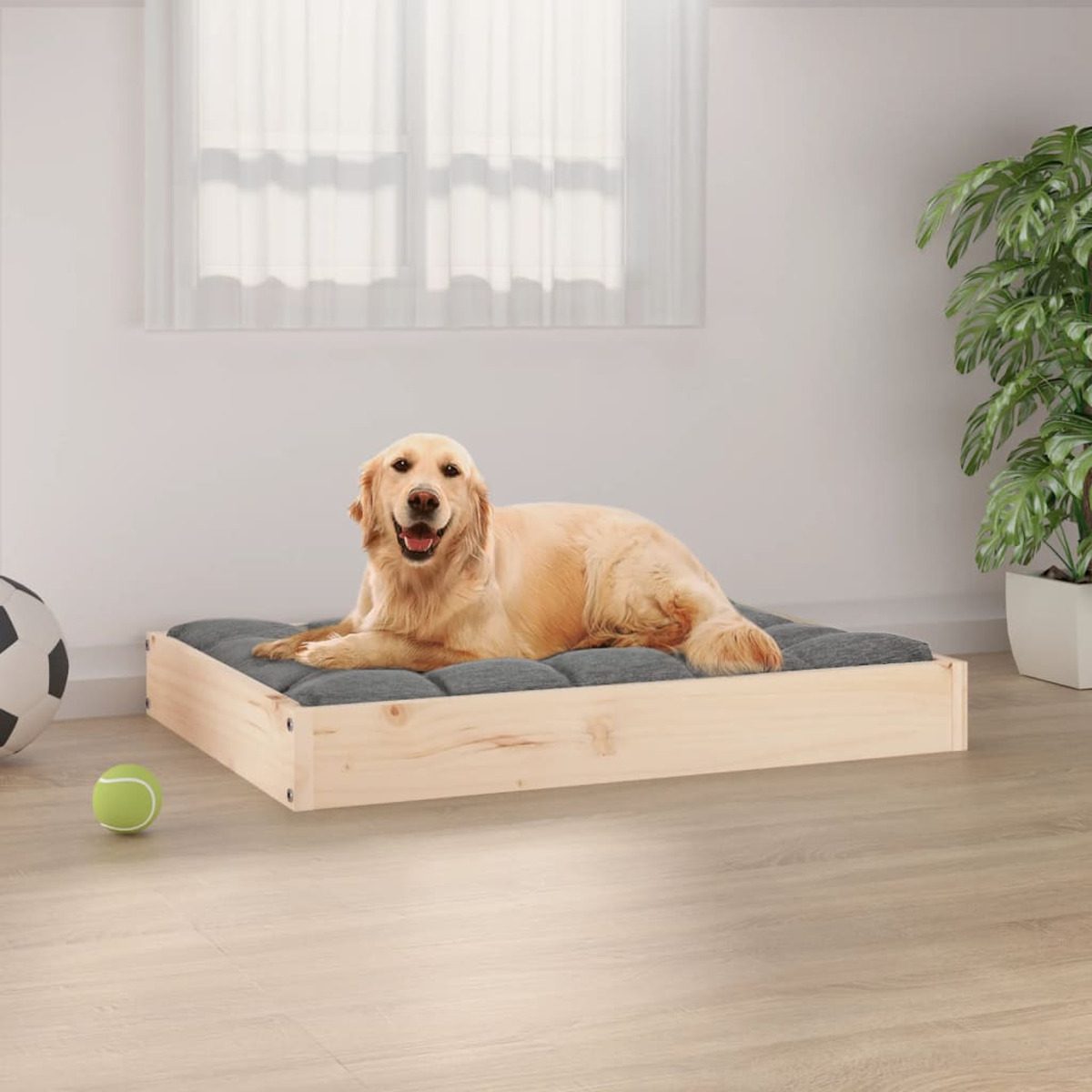 Ein Golden Retriever liegt auf einem Holzbett mit grauem Kissen in einem weißen Raum.