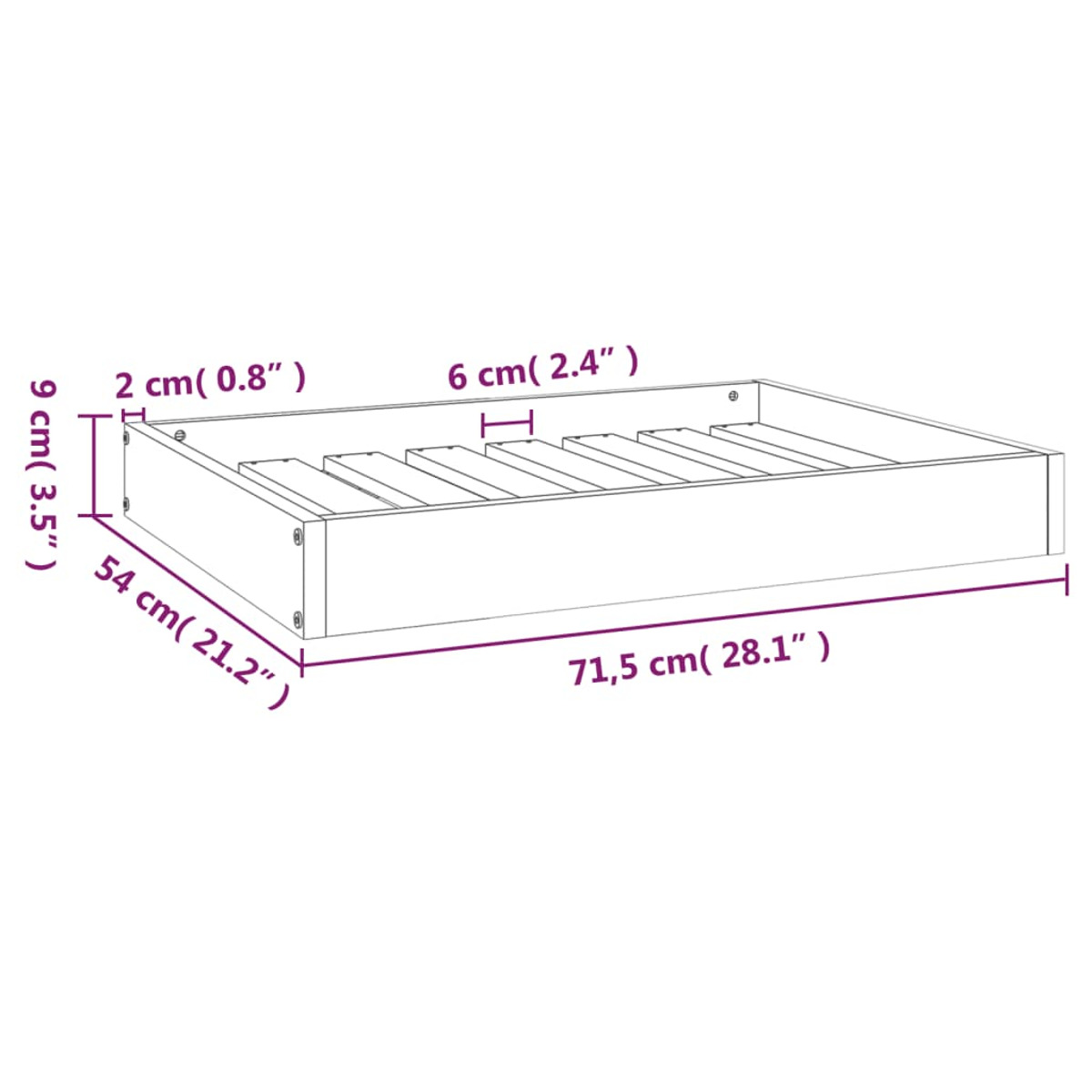 Maße eines weißen Bettrahmens. Länge 71,5 cm, Breite 54 cm, Höhe 9 cm.