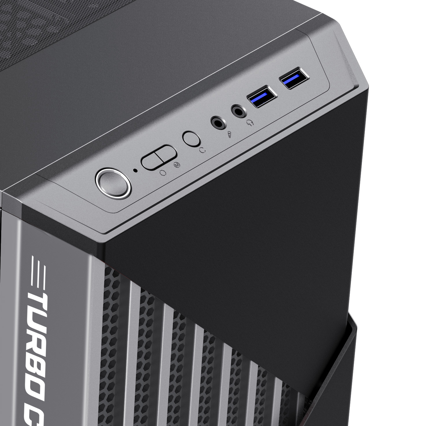 Computergehäuse. Schwarz und grau, mit Knöpfen und Anschlüssen vorne. Der Text 'TURBO C' ist sichtbar.