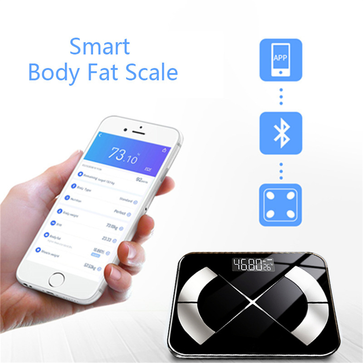 Eine intelligente Körperfettwaage mit Smartphone und Bluetooth-Symbolen.