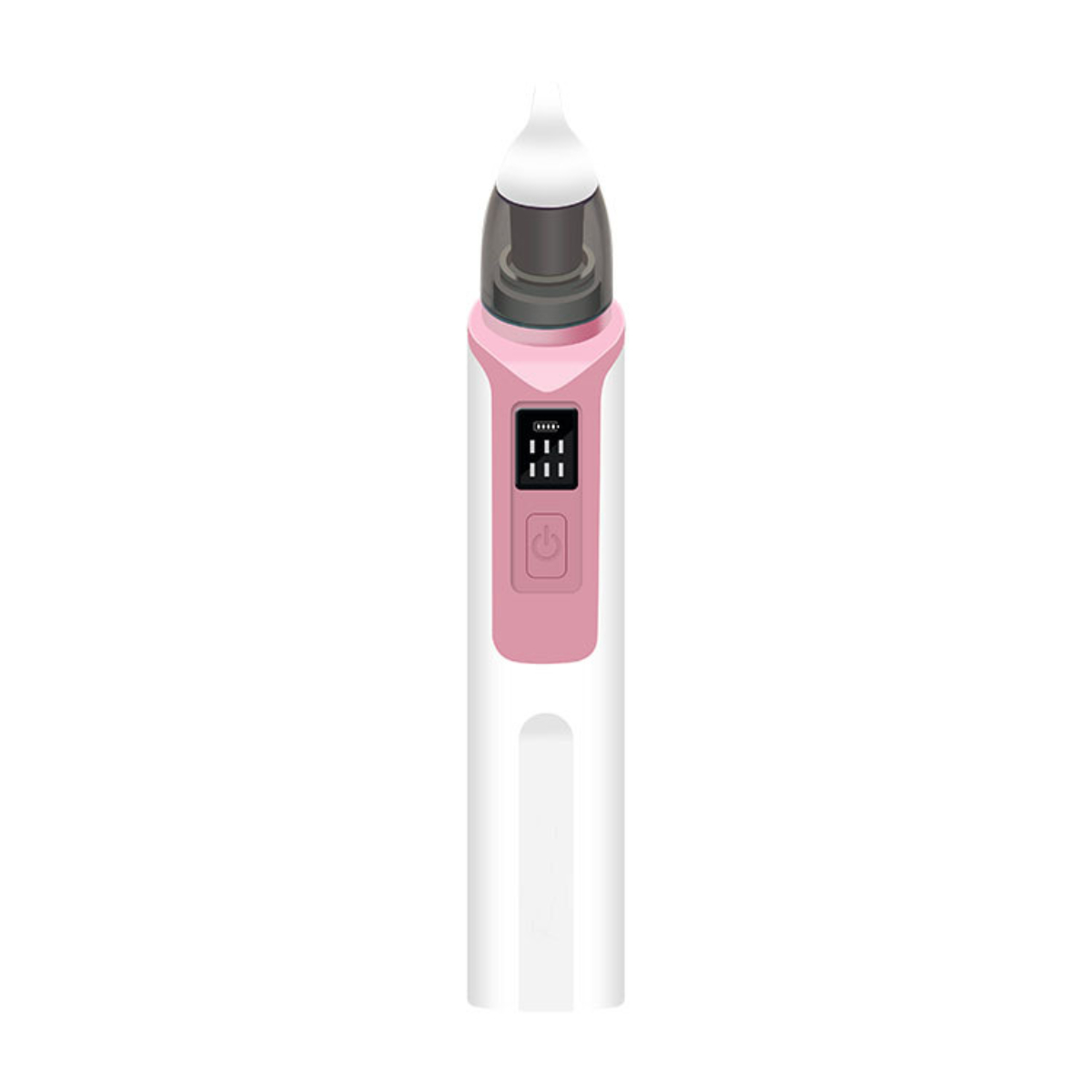 Aspirador nasal blanco y rosa, con botones y pantalla, para eliminar la congestión nasal, aislado sobre blanco.
