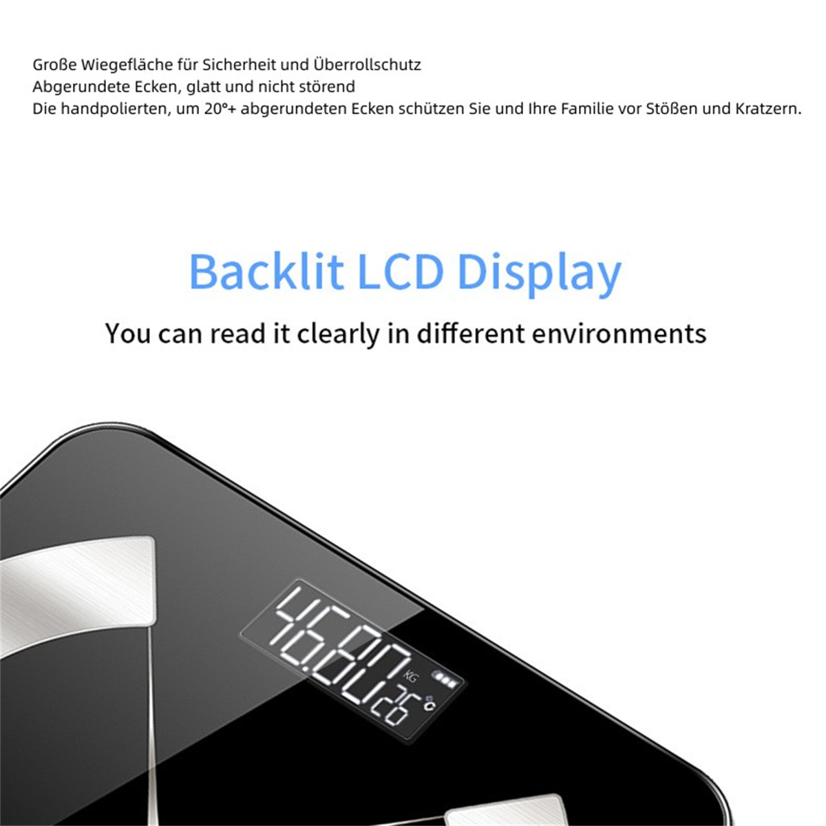 Eine schwarze Waage zeigt ein Gewicht von 46,80 kg und die Temperatur an. Text erklärt das beleuchtete LCD-Display.