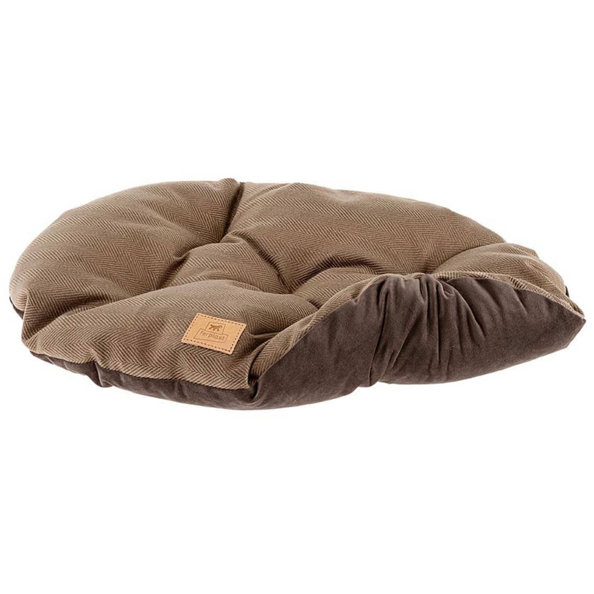 Braunes und dunkelbraunes Hundebett mit gemustertem Stoffbezug.
