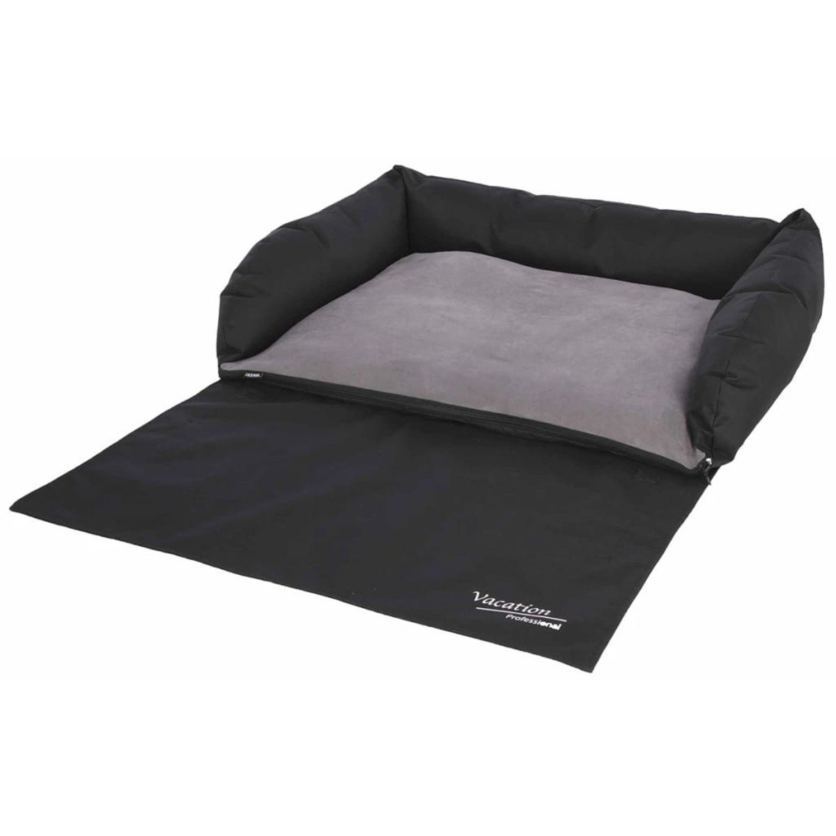 Un letto per cani nero con fondo piatto e un cuscino grigio.