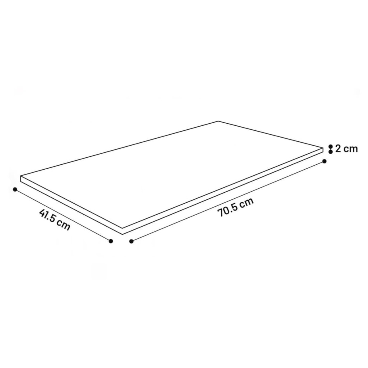 Una tavola di legno rettangolare, dimensioni 70,5 cm per 41,5 cm, spessore 2 cm.