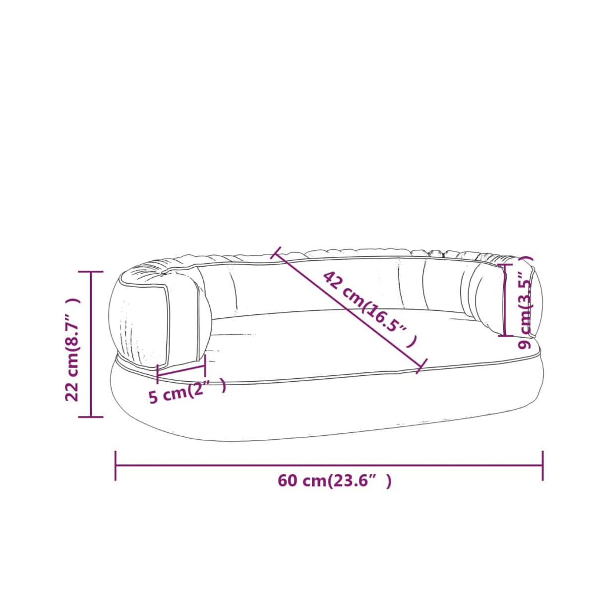 Hundebett mit angegebenen Maßen. Das Bett ist oval geformt mit gebogener Rückenlehne. Maße sind angegeben.
