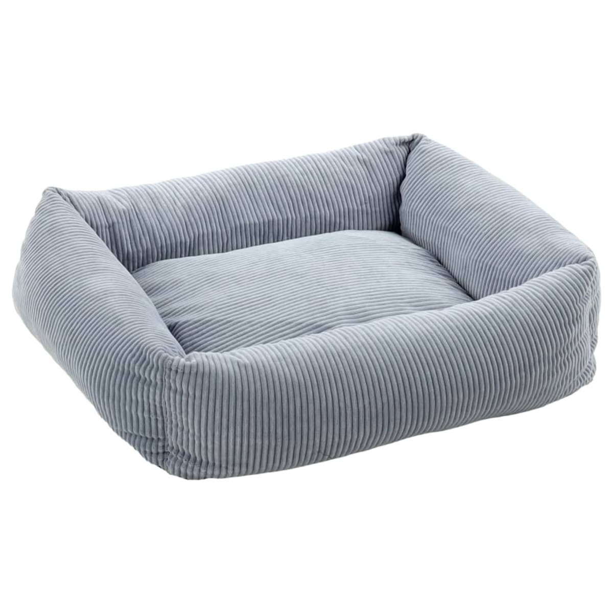 Cuccia grigia in velluto a coste per cani su sfondo bianco. Il letto ha una forma rettangolare e lati rialzati.