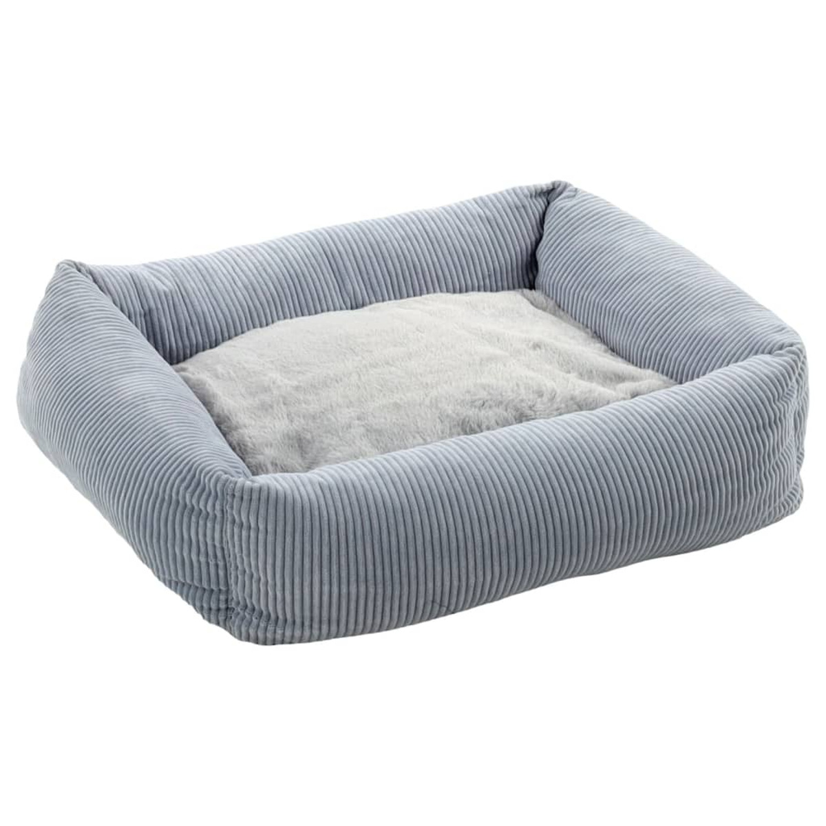 Cuccia in velluto a coste grigio con interno bianco e soffice. Isolato.