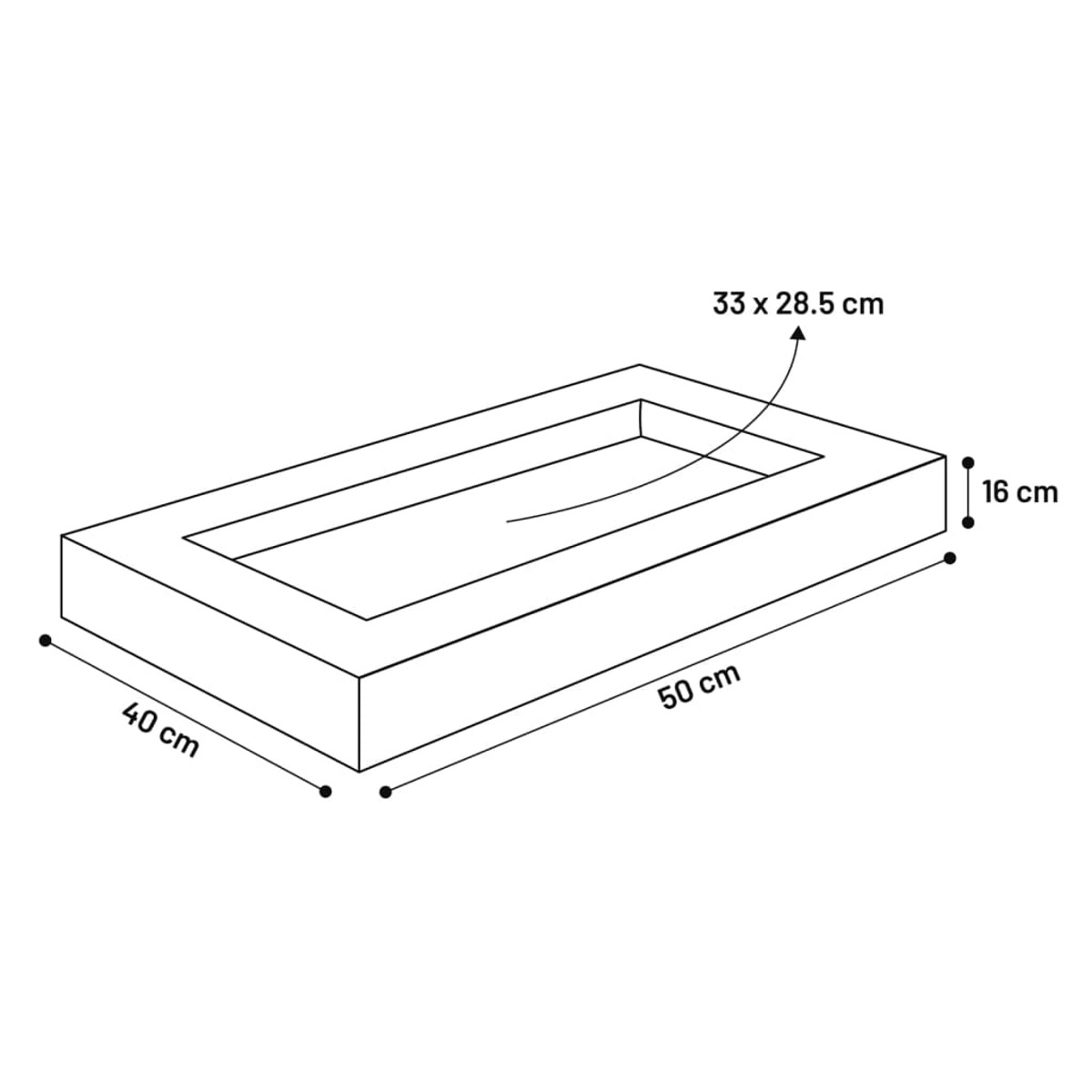 Una fioriera rettangolare con dimensioni, che mostra un'area incassata per le piante.