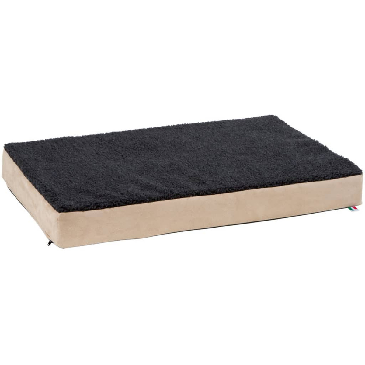 Lettino rettangolare per animali domestici, parte superiore grigio scuro, lati beige. Su superficie bianca.