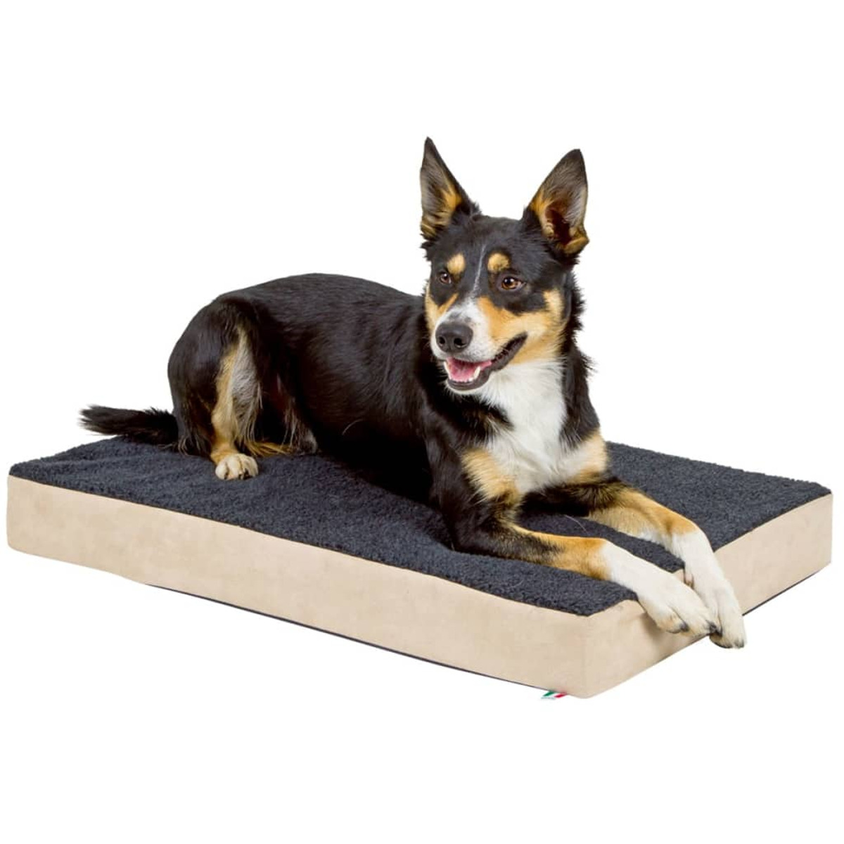 Cane sdraiato su un letto per cani rettangolare beige e nero.