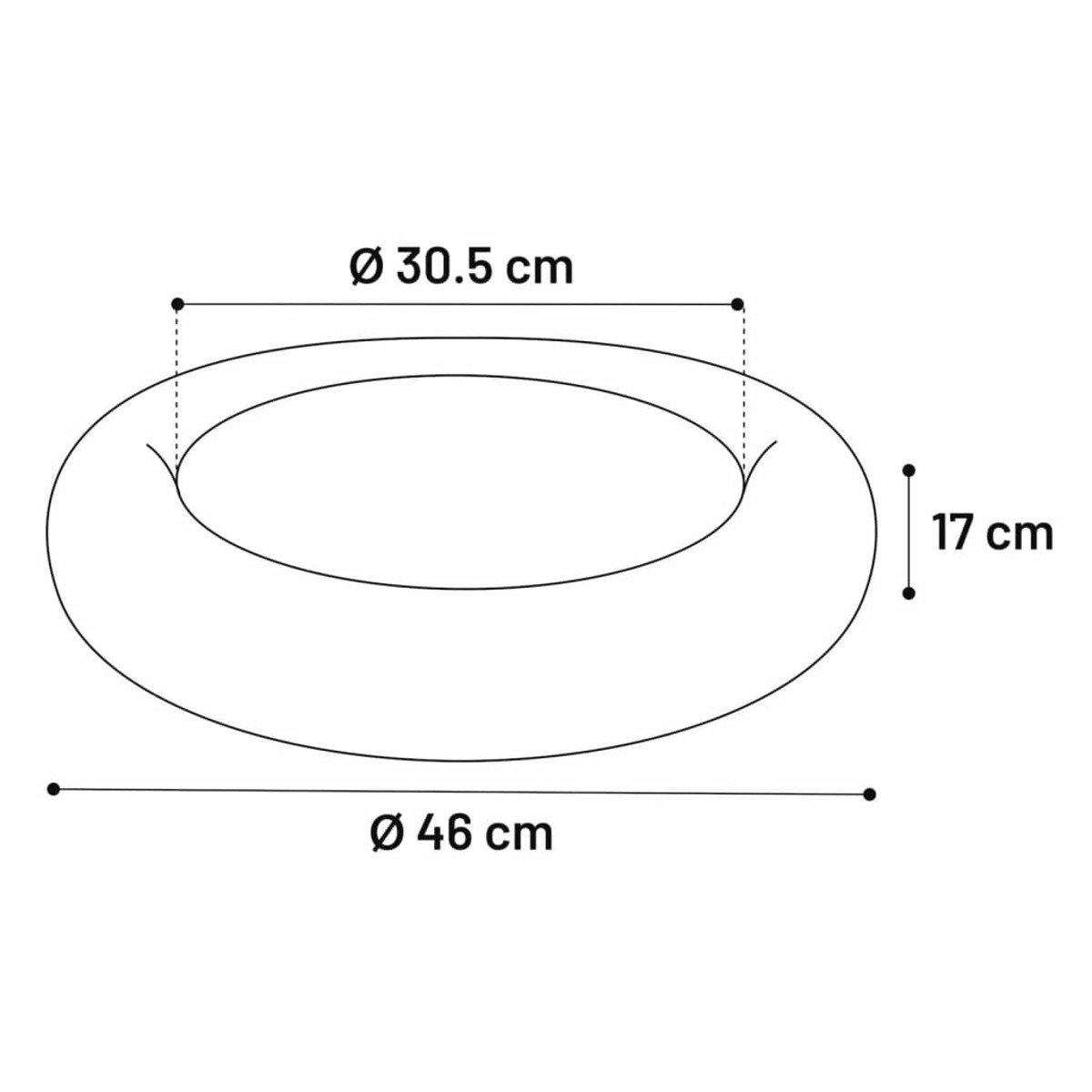 Kreisförmiges Hundebett mit Maßen: 30,5 cm Durchmesser, 46 cm Länge und 17 cm Höhe.