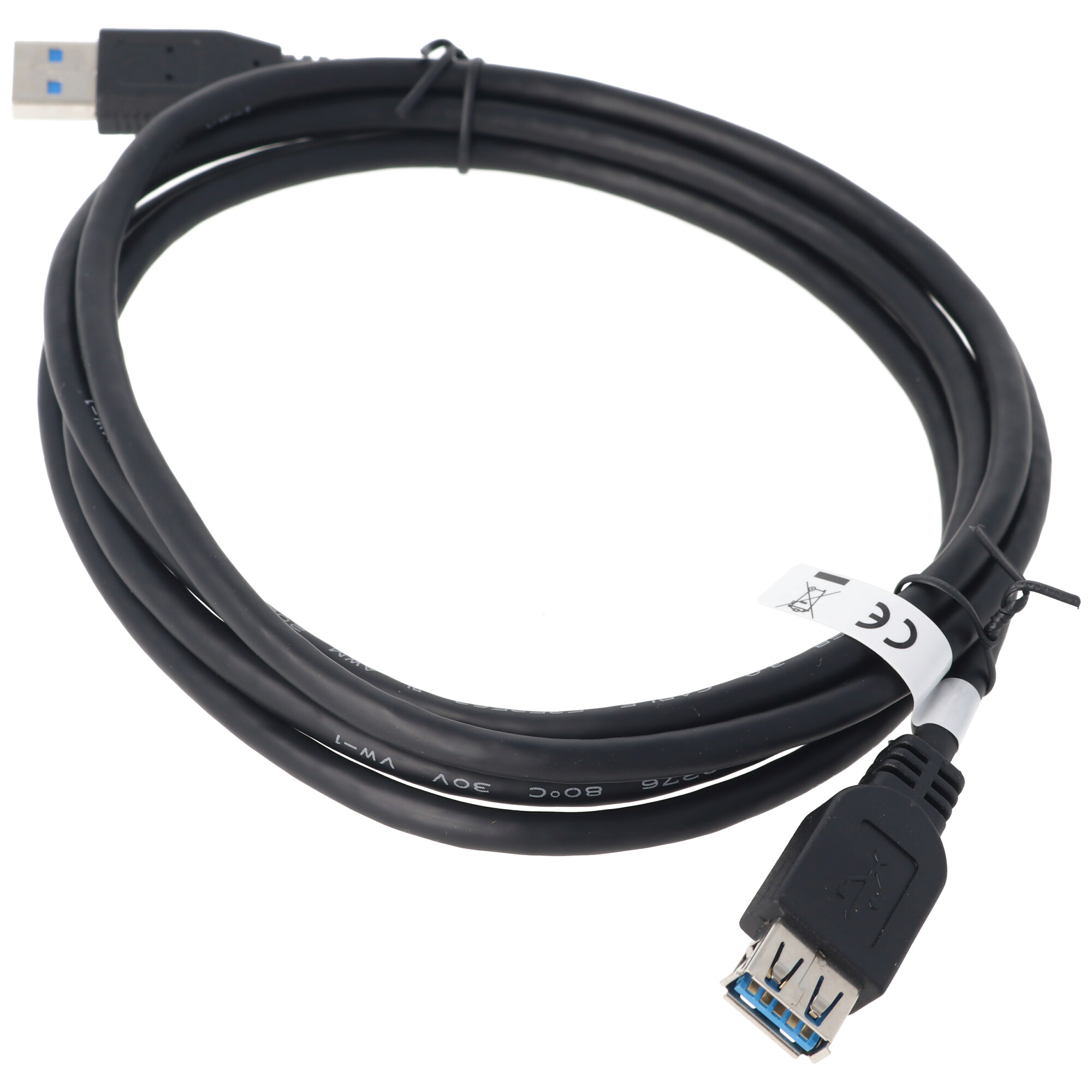 Schwarzes USB-Kabel mit einem USB-A- und USB-B-Anschluss, weißer Hintergrund.