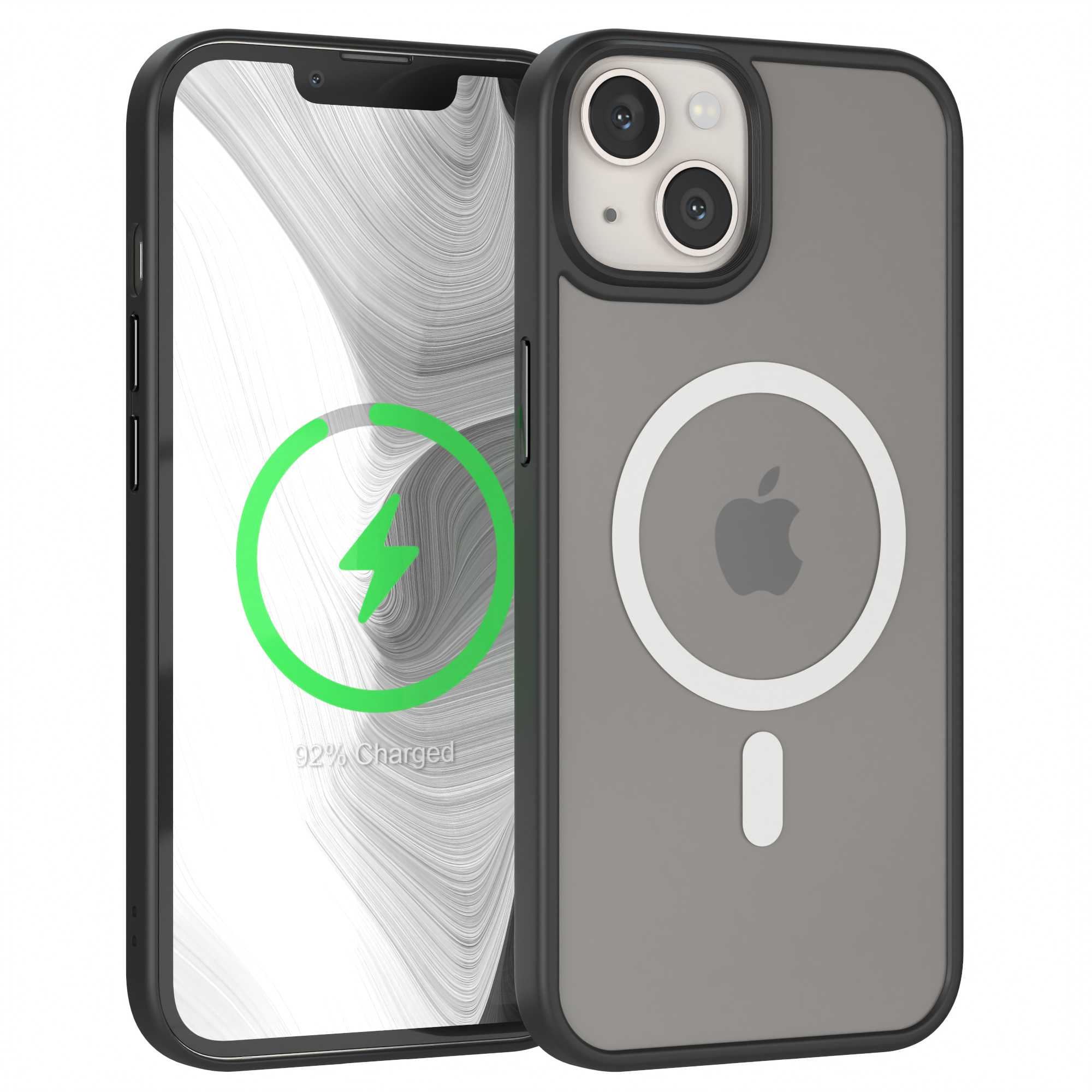iPhone in einer durchsichtigen Hülle, mit einem grünen Blitz für das Laden, 92% geladen.