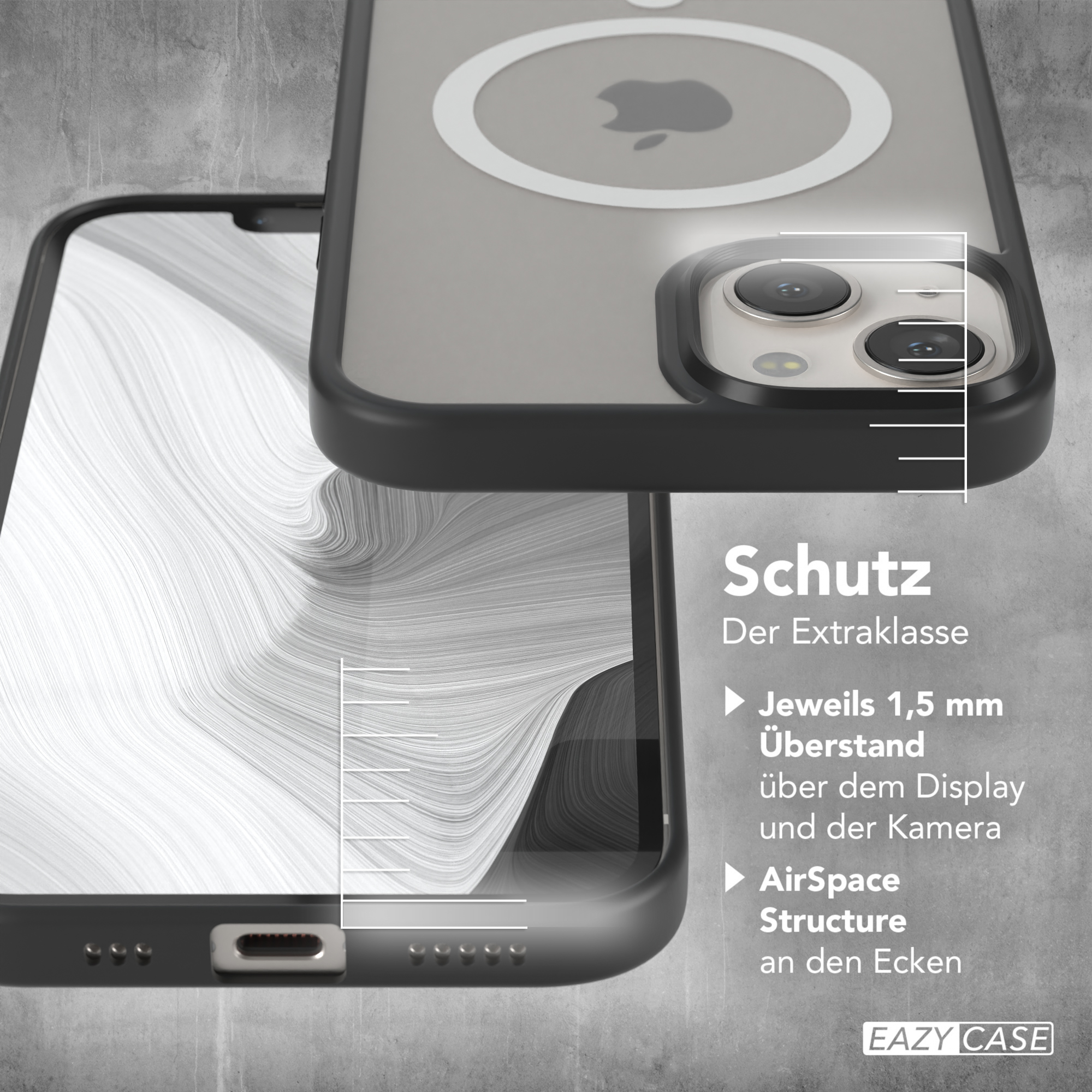 Schwarze Handyhülle mit Telefon, Text über Schutzfunktionen.