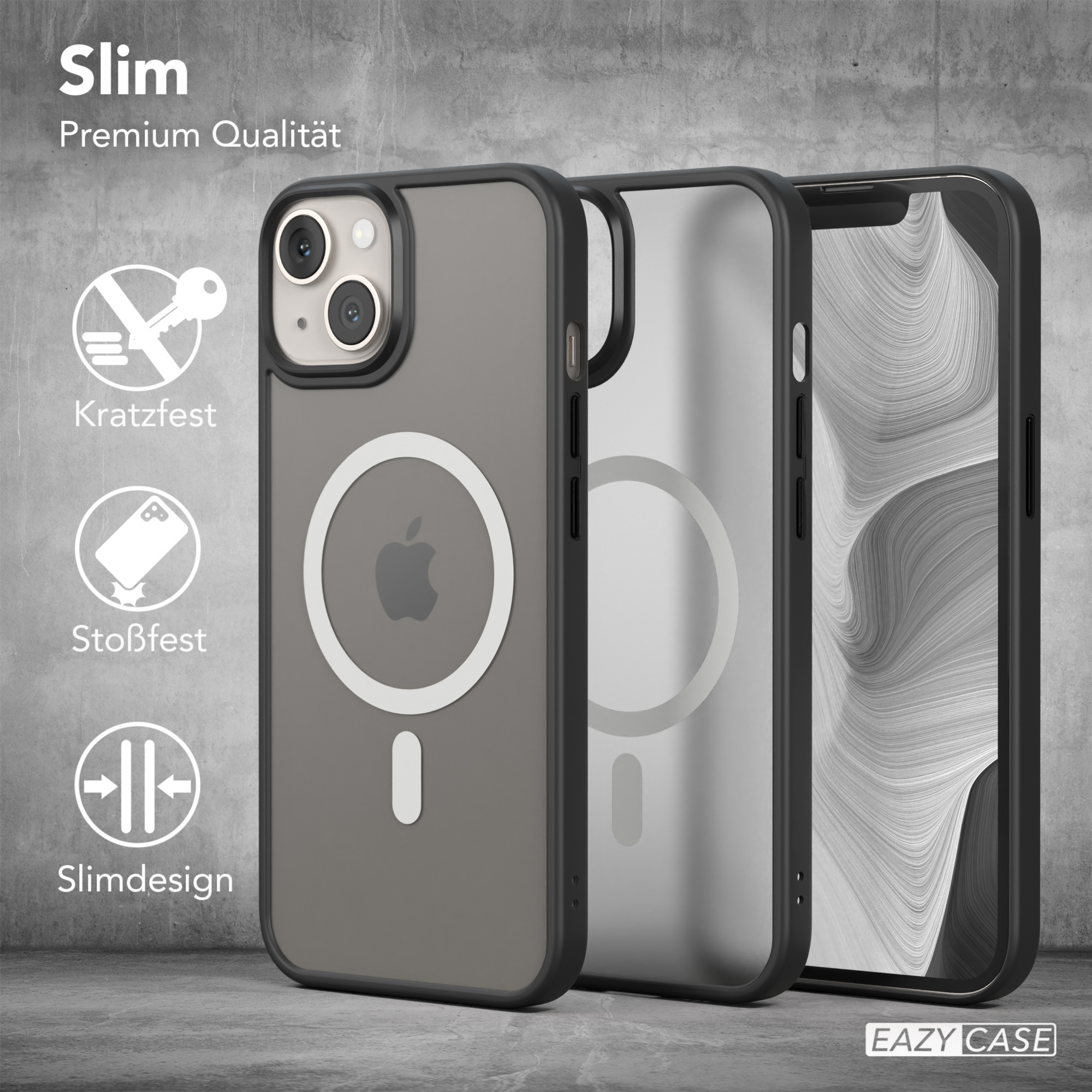 Handyhüllen mit klarem Design. Text: 'Slim', 'Premium Qualität' und Icons.