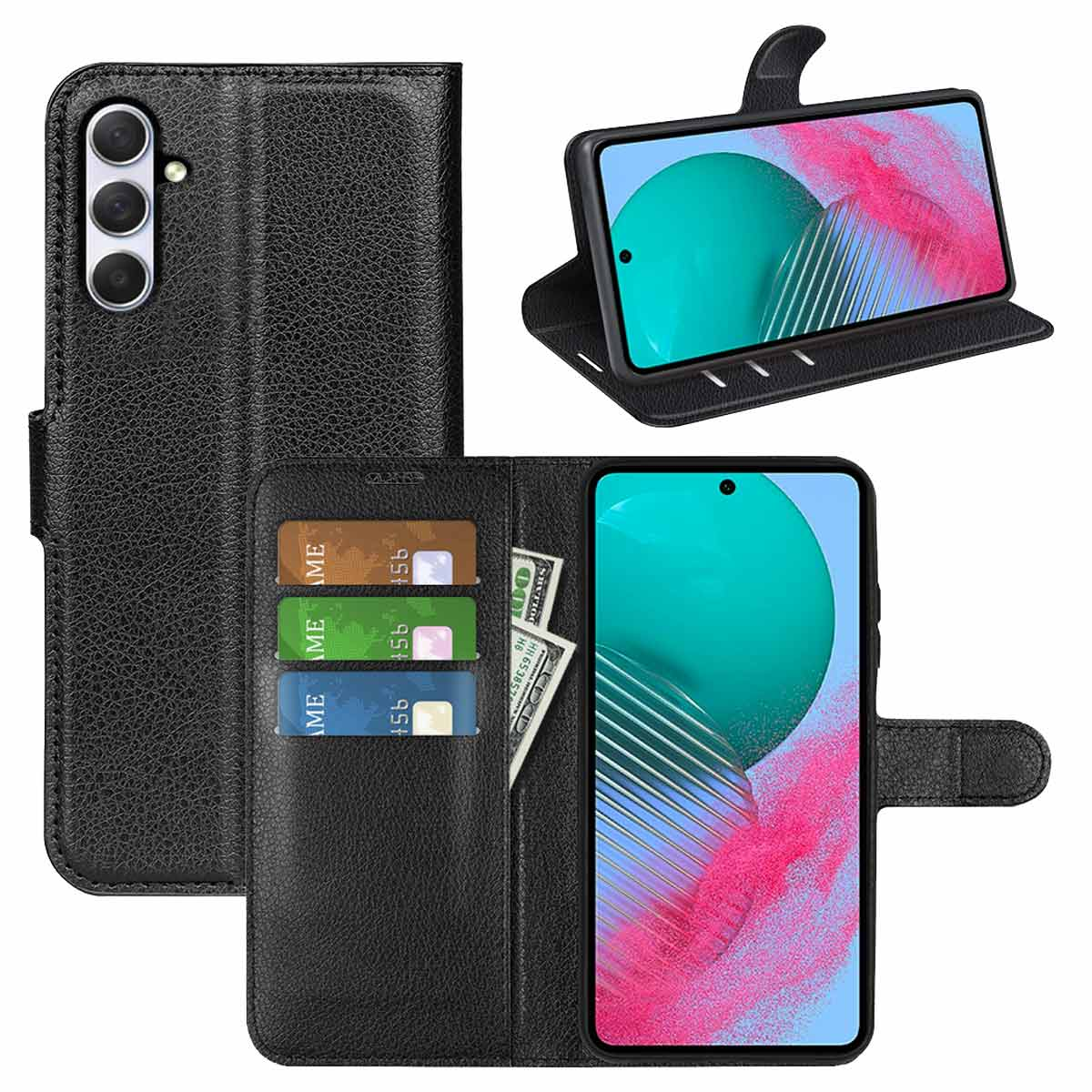 Schwarze Leder-Handyhülle, gefaltet, mit Kreditkartenfächern und einem Telefon mit Bildschirm.