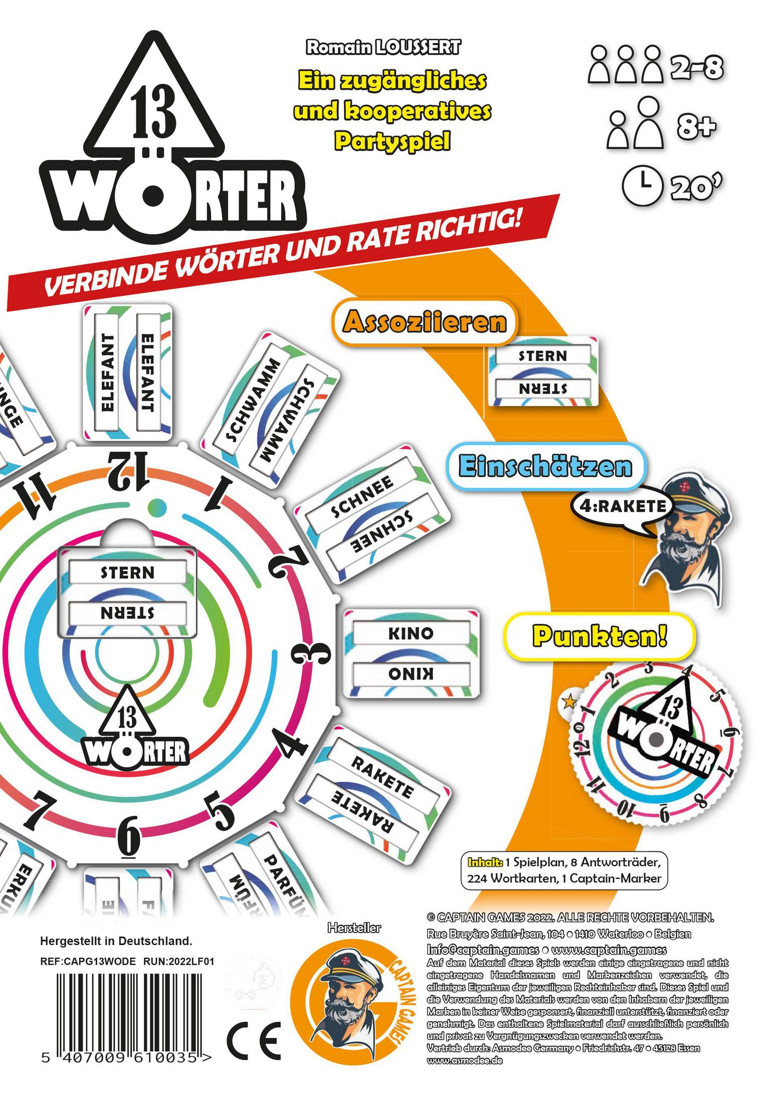 Brettspielkasten mit Text und Illustrationen. Buntes Design, Spielelemente zeigend.