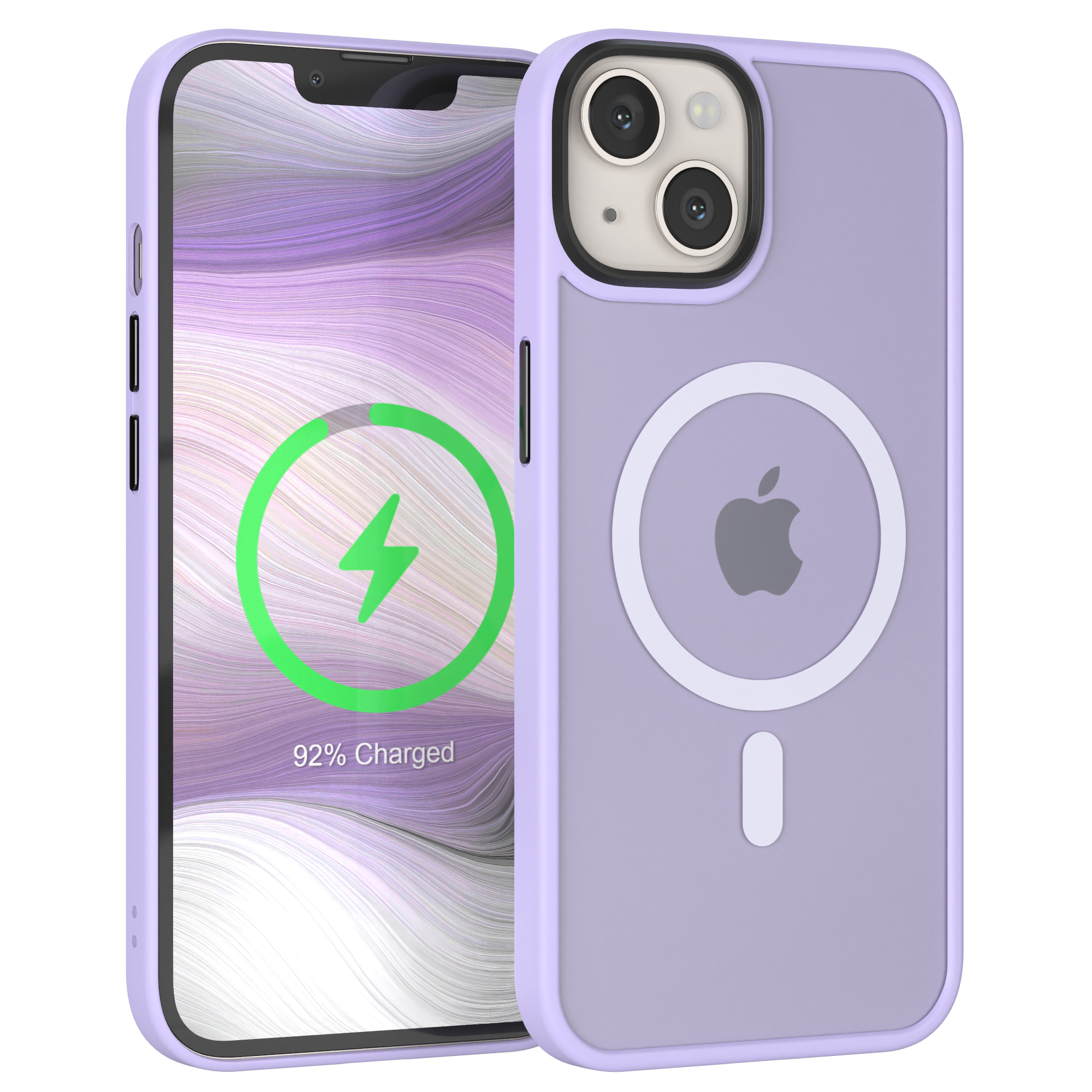 Zwei Telefone in Hüllen, eines wird geladen. Das ladende Telefon zeigt einen grünen Blitz und 92% geladen.