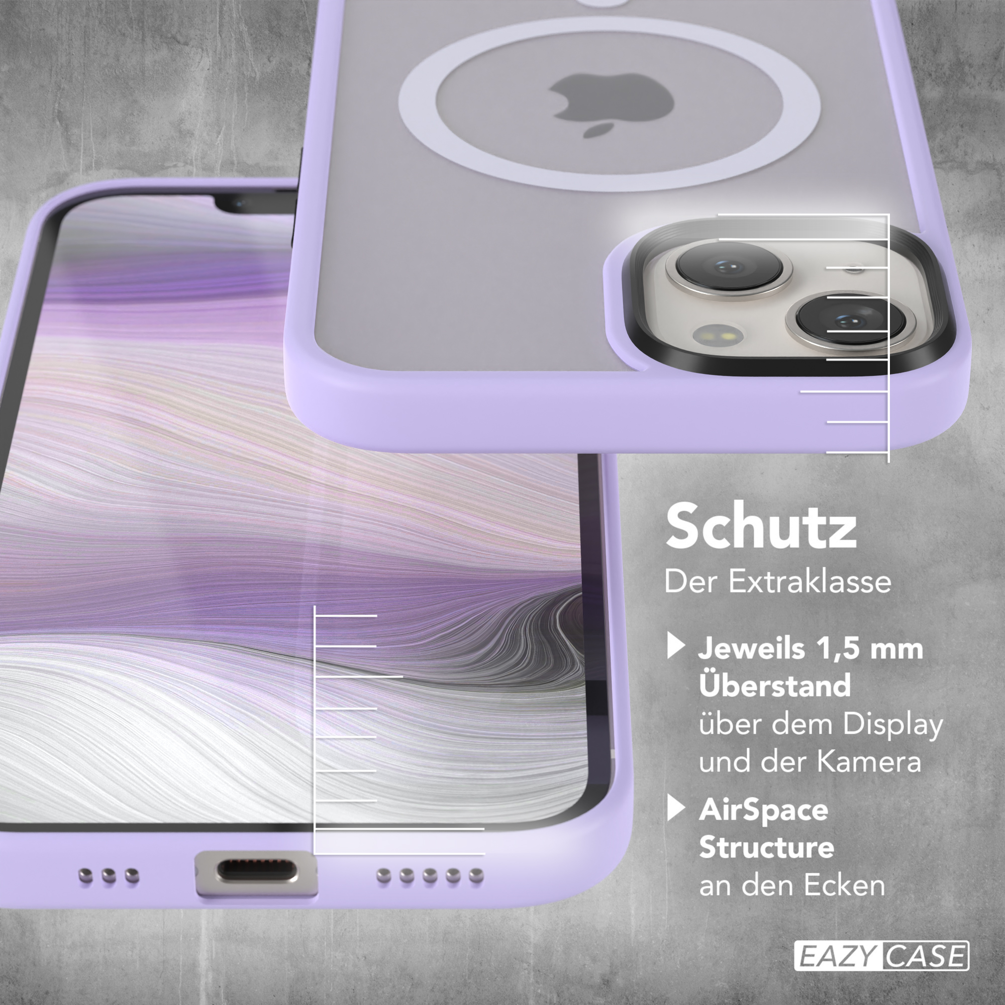 Ein Telefon mit Schutzhülle, das Schutzfunktionen auf Deutsch zeigt.