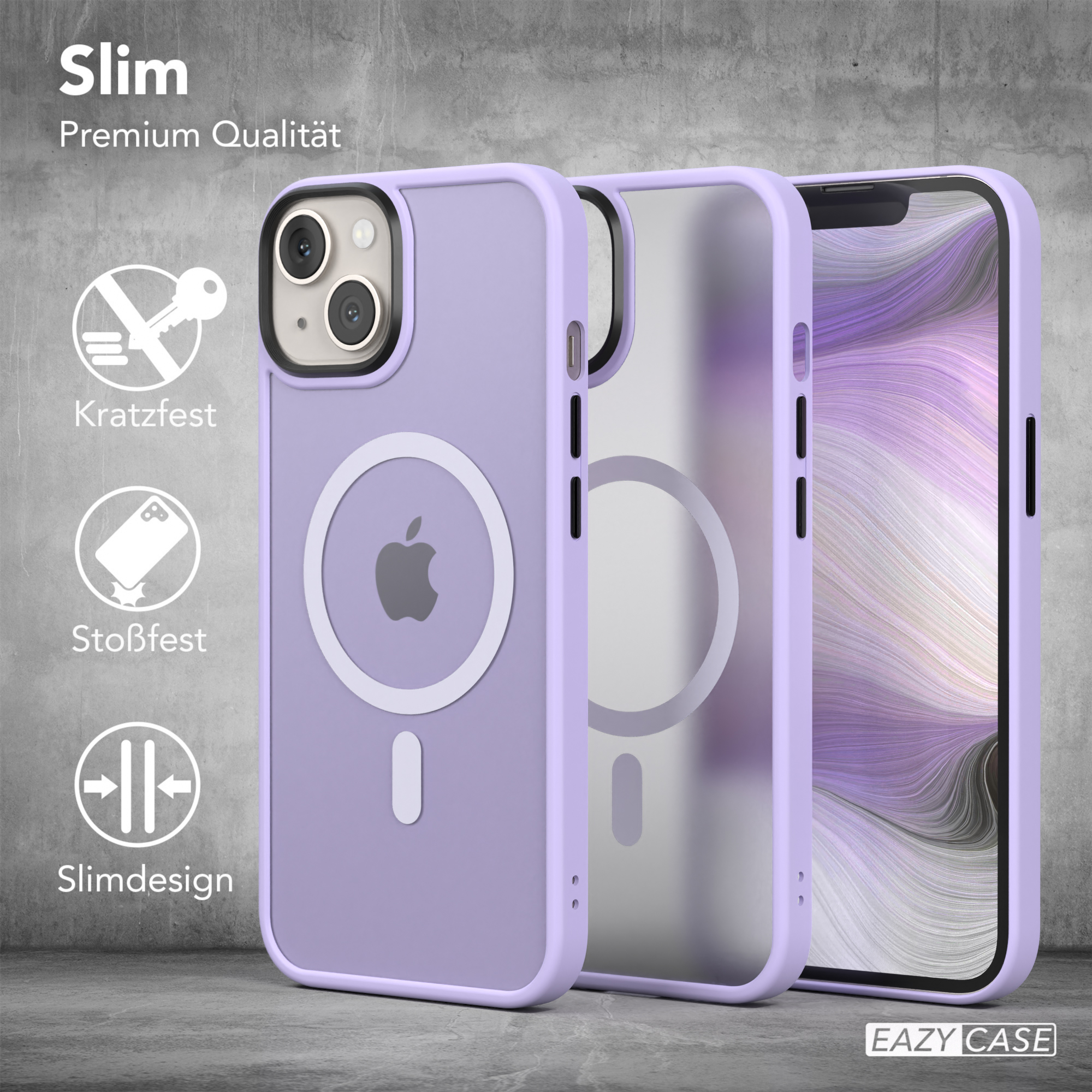Drei lavendelfarbene Handyhüllen mit Magnetring und dem EAZY CASE Logo.