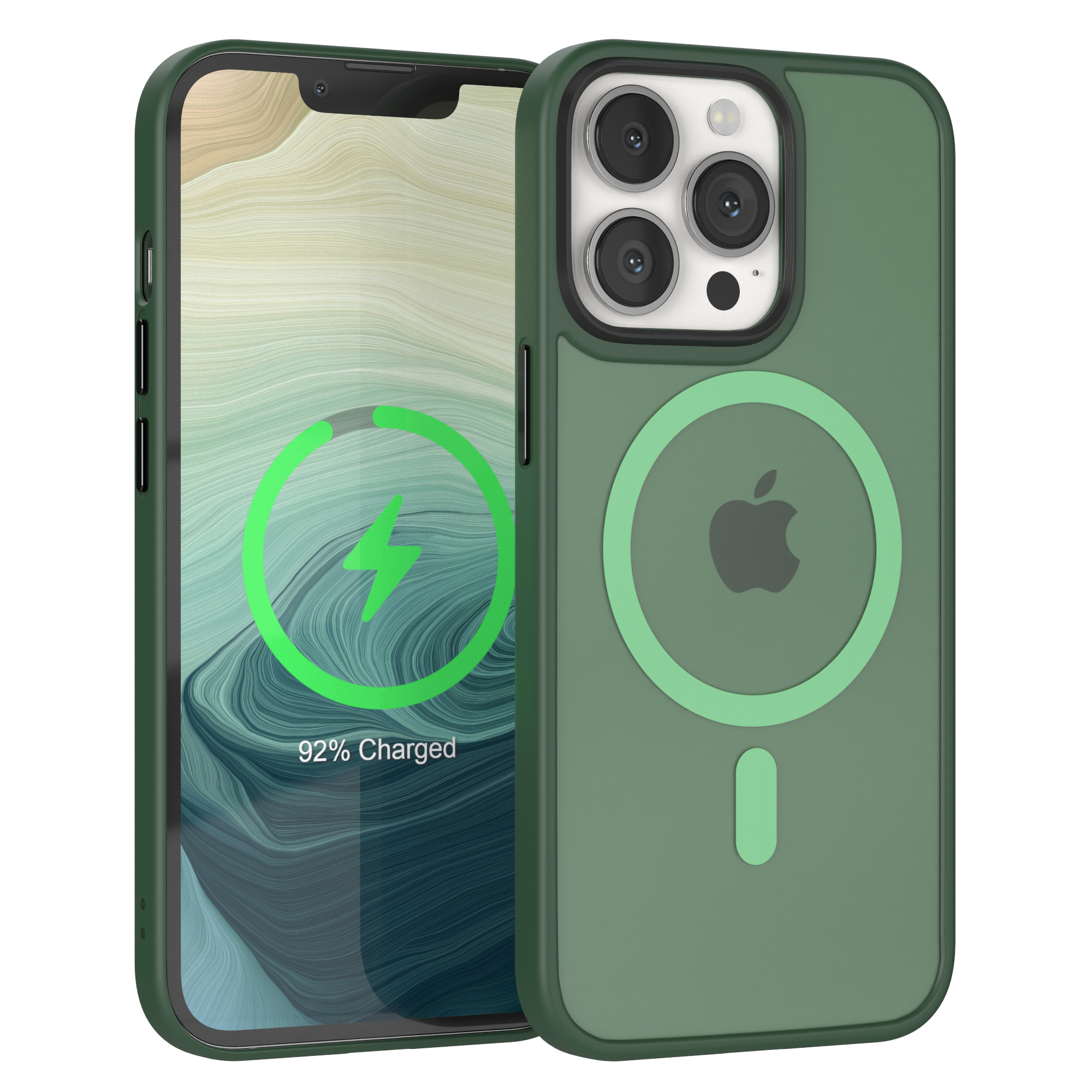 Grüne Handyhülle mit Ladesymbol und teilweise eingelegtem Handy. Zeigt 92% geladen.