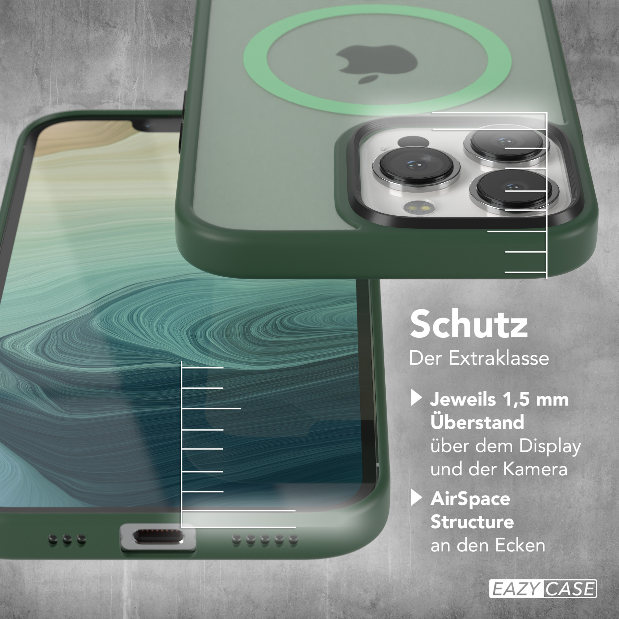 Telefonhülle auf Telefon mit grünem Kreis. Text und Linien zeigen Schutzfunktionen.