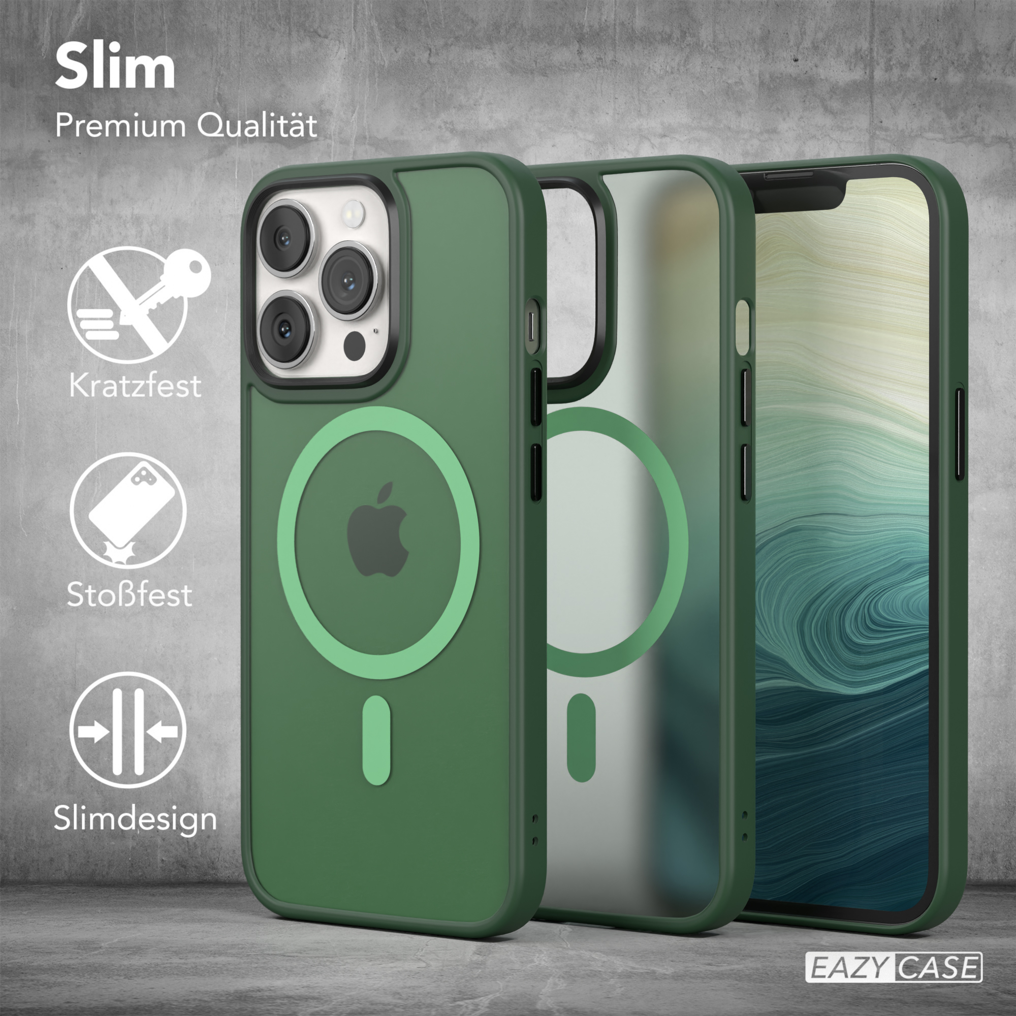 Grüne Handyhülle mit Telefon. Schutzfunktionen dargestellt. Grauer Hintergrund, Produktaufnahme.