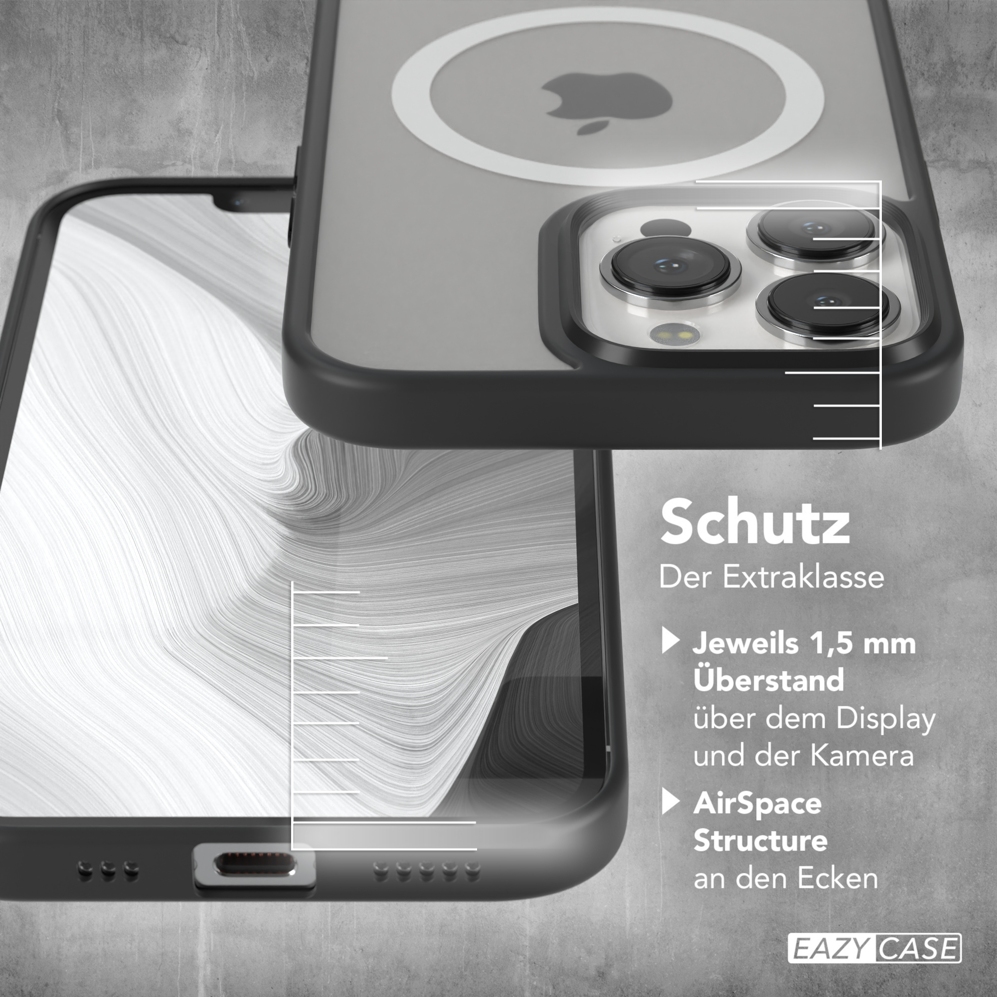 Nahaufnahme einer Handyhülle mit sichtbarem Apfel-Logo. Text auf Deutsch.