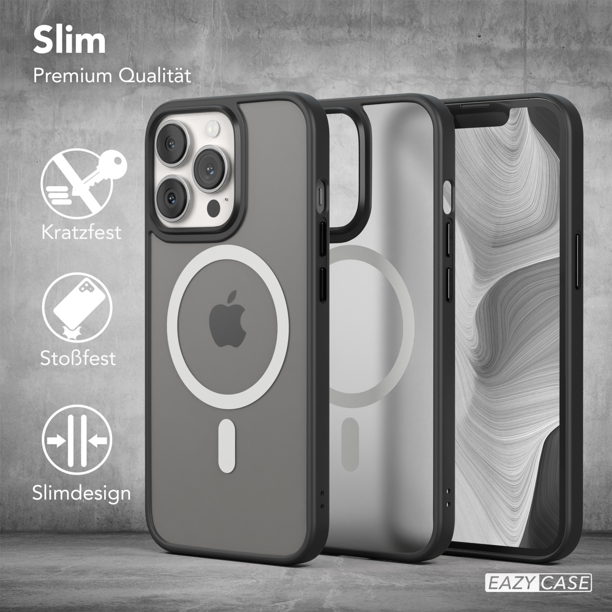 Schwarze iPhone-Hüllen mit weißem Apple-Logo auf grauem Hintergrund. Text: 'Slim' und 'Premium Qualität'.
