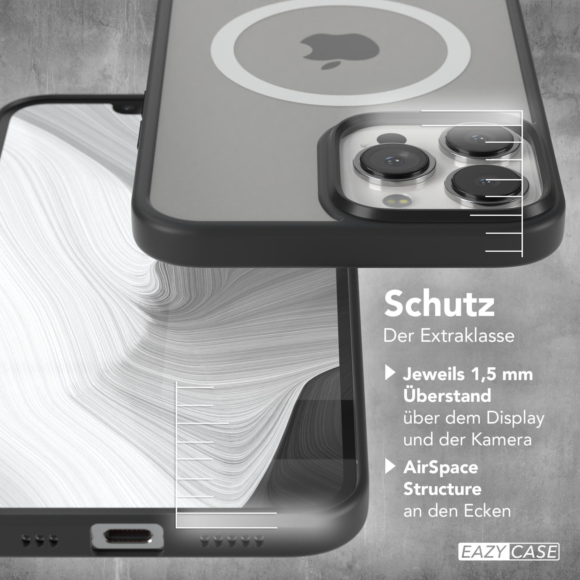 Eine Handyhülle mit schwarzem Rahmen und weißem Apple-Logo. Text: Schutz, Der Extraklasse, 1,5 mm Überstand.