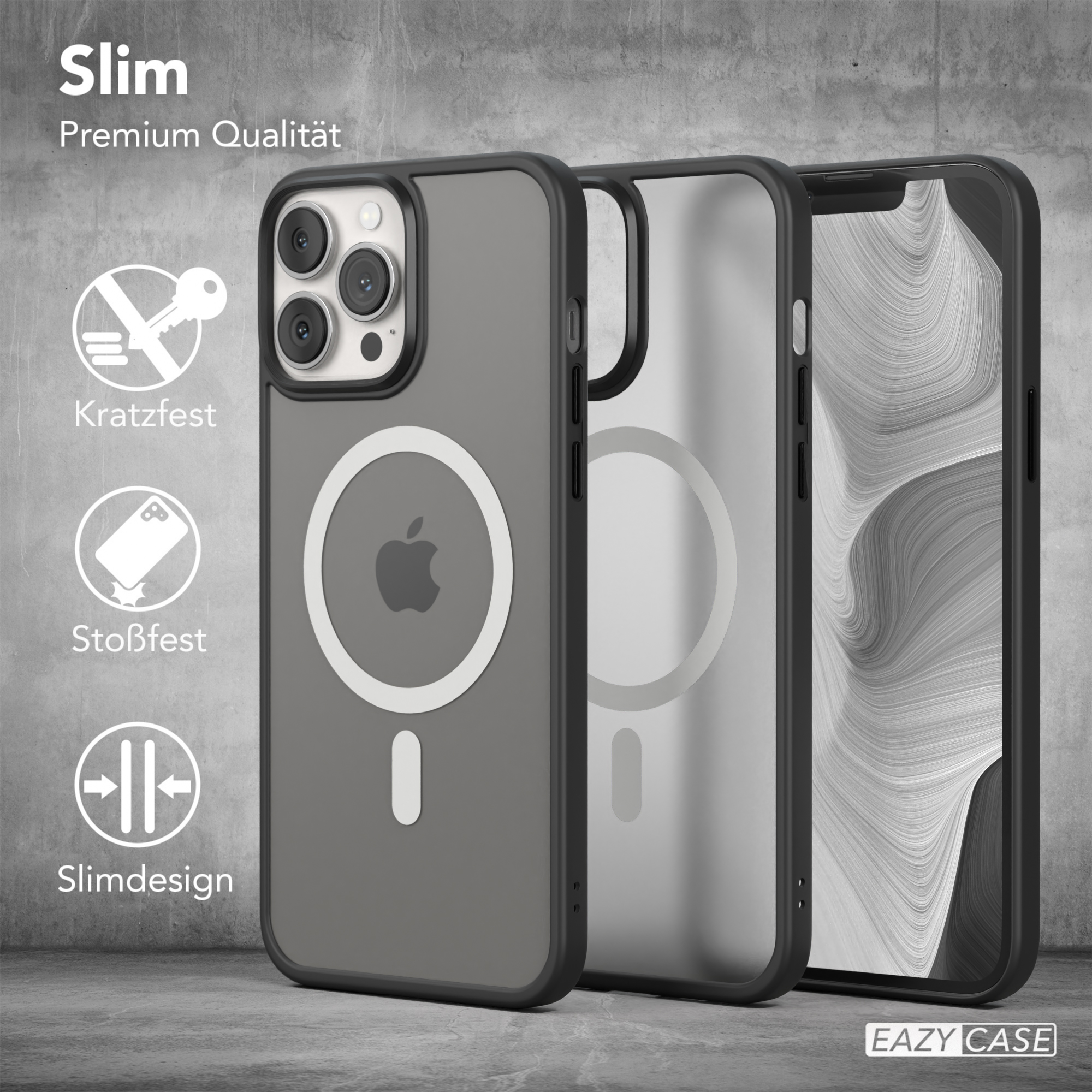 Drei Handyhüllen. Eine grau, eine transparent, eine auf einem Telefon, mit Schlüssel-, Tropfen- und Slim-Symbolen.
