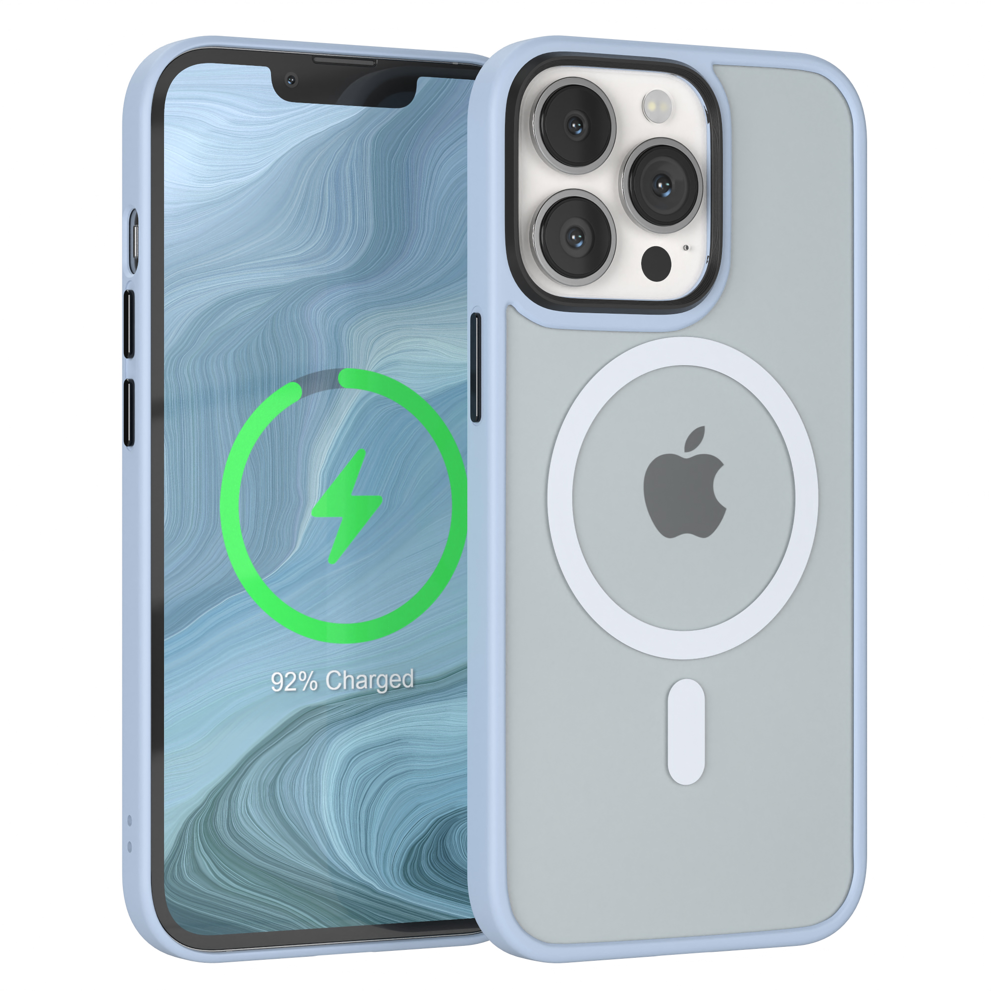 Hellblaues iPhone mit hellblauer Hülle. Zeigt 92 % geladen, mit Apple-Logo.