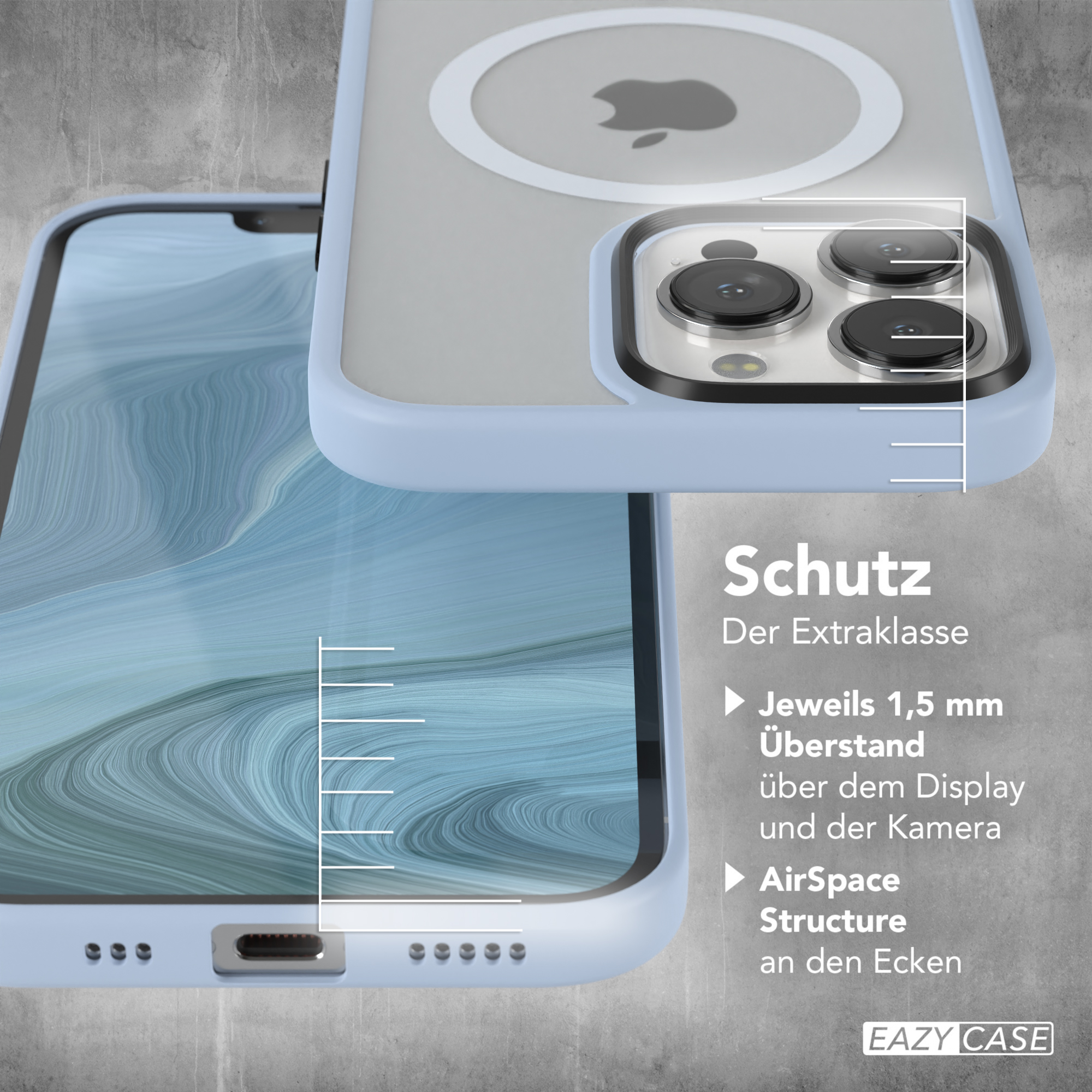 Nahaufnahme einer hellblauen iPhone-Hülle mit MagSafe-Kreis und Text.
