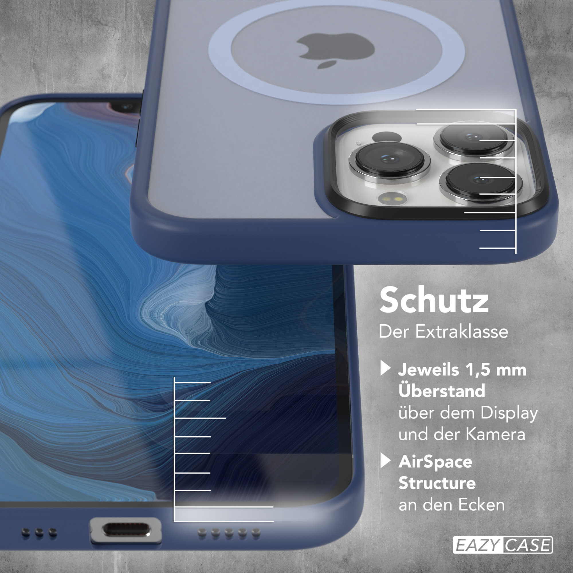 Eine dunkelblaue Handyhülle und ein Handy mit blauem Hintergrund, das die Schutzdetails zeigt.