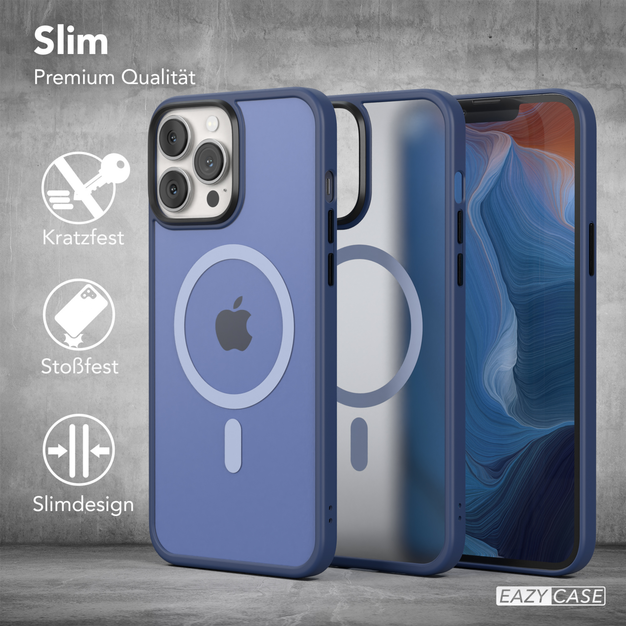 Drei Handyhüllen mit einem iPhone in der Mitte. Die Hüllen sind blau und transparent, mit Branding.